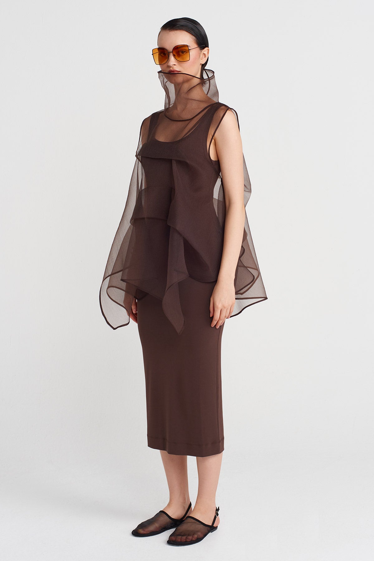 Chocolate Organza Blouse with Pleated Details-Y251011183