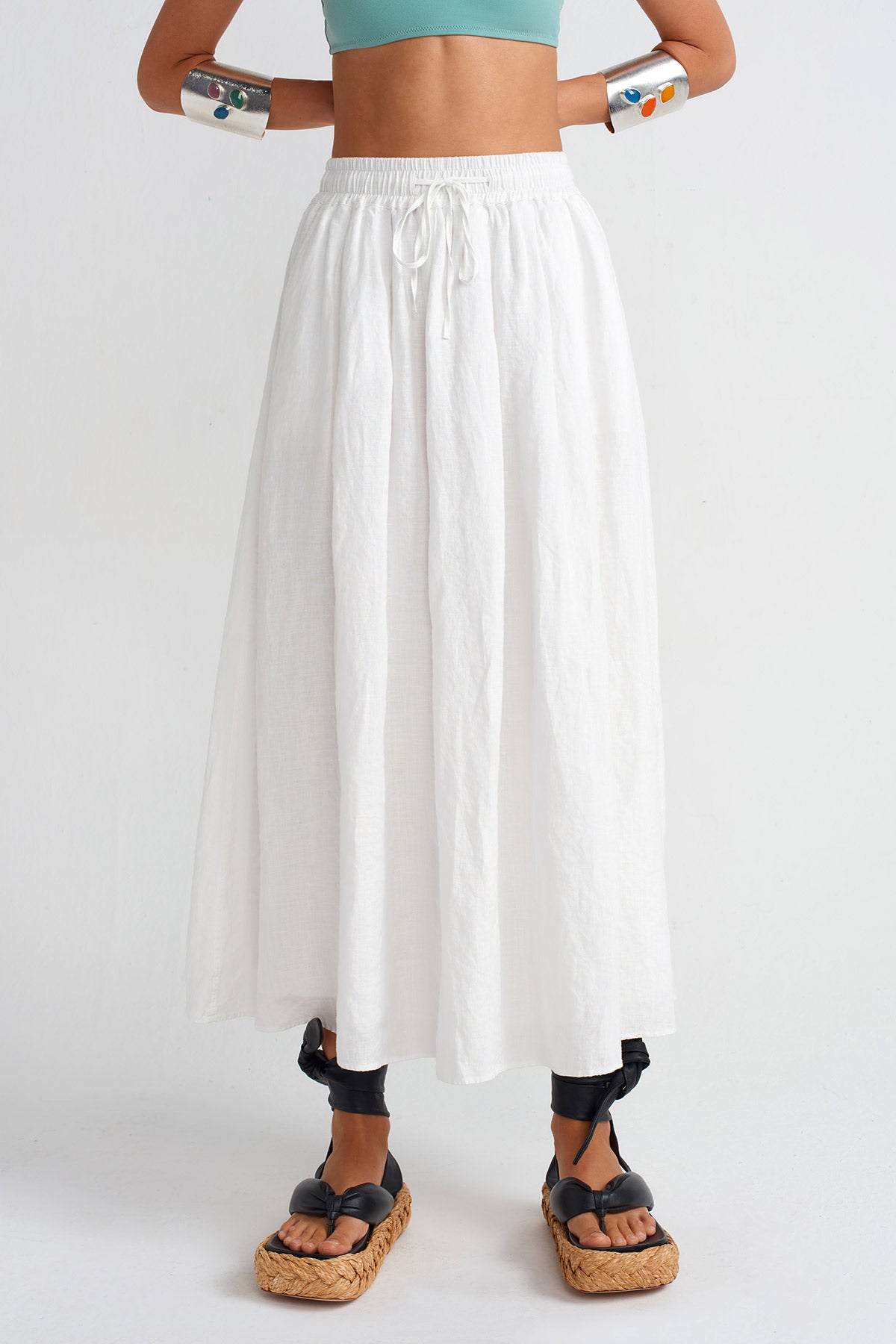 Off White Pocketed Linen Skirt-Y252012010
