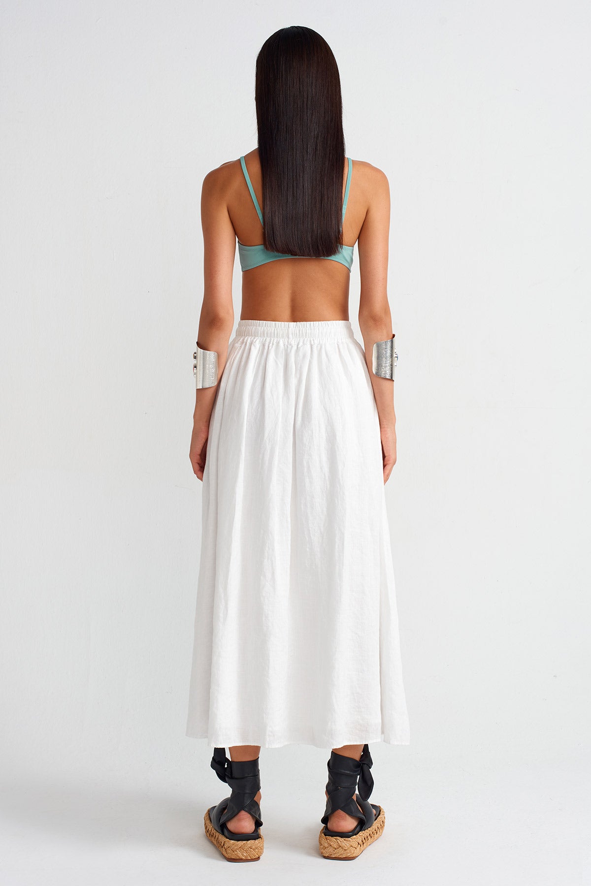 Off White Pocketed Linen Skirt-Y252012010