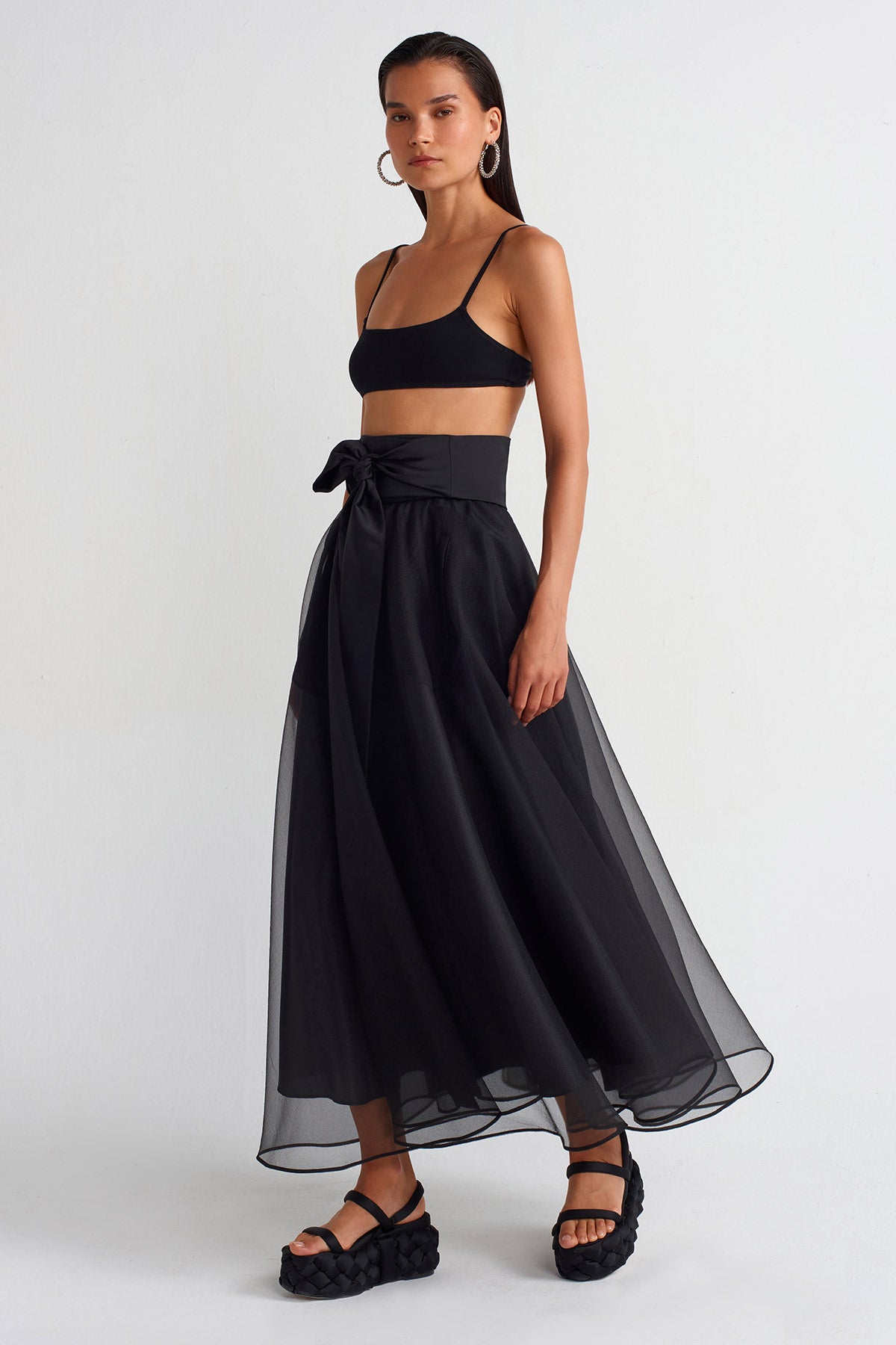 Black Puffy Organza Midi Skirt-Y252012012