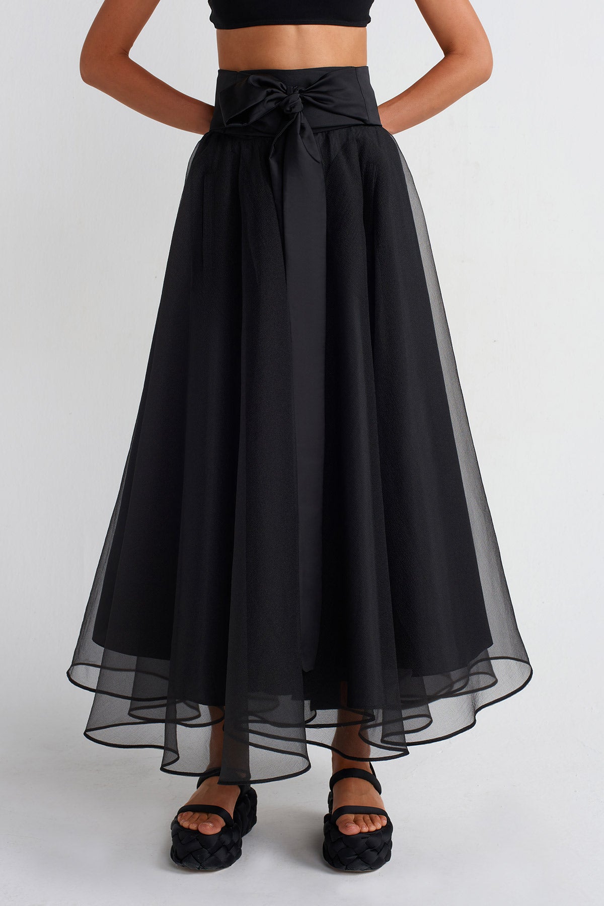 Black Puffy Organza Midi Skirt-Y252012012