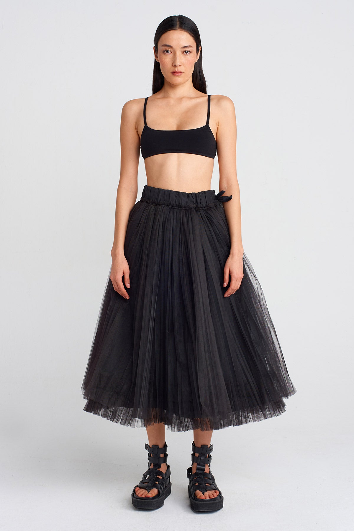Black Puffy Tulle Midi Skirt-Y252012023