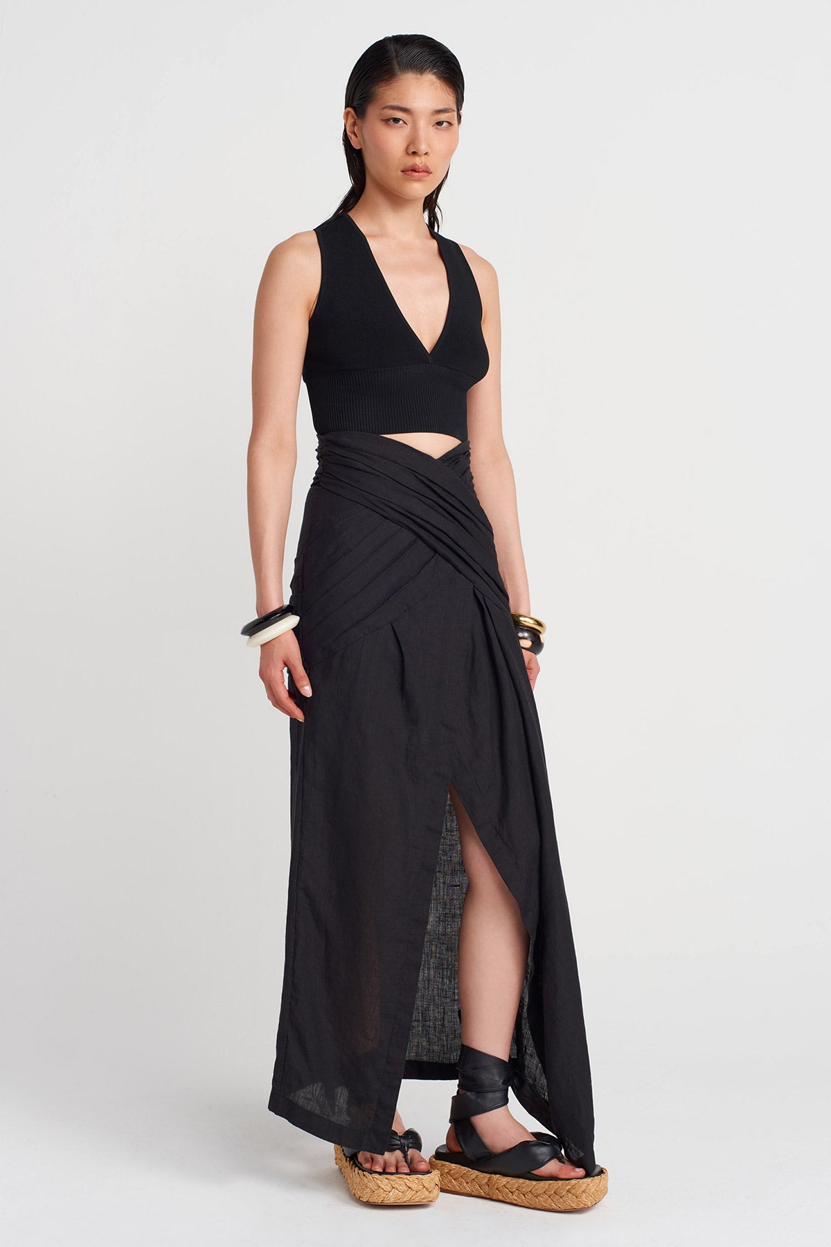 Black Linen Skirt with Draped Waist-Y252012029