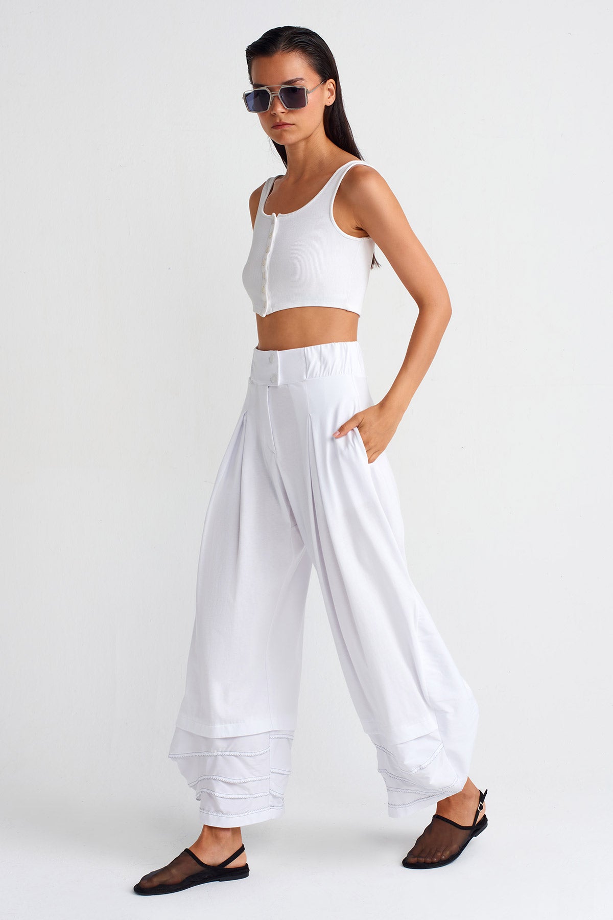 White / White Double-Fabric Cotton Trousers-Y253013004