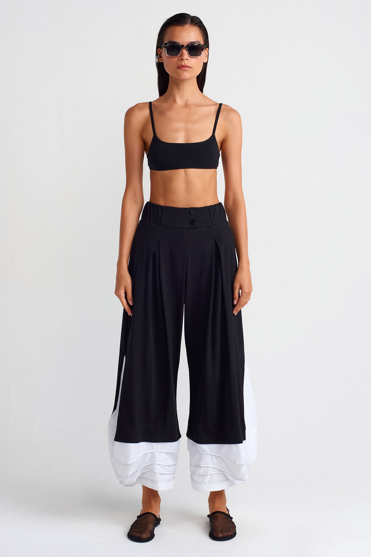 Black / White Double-Fabric Cotton Trousers-Y253013004