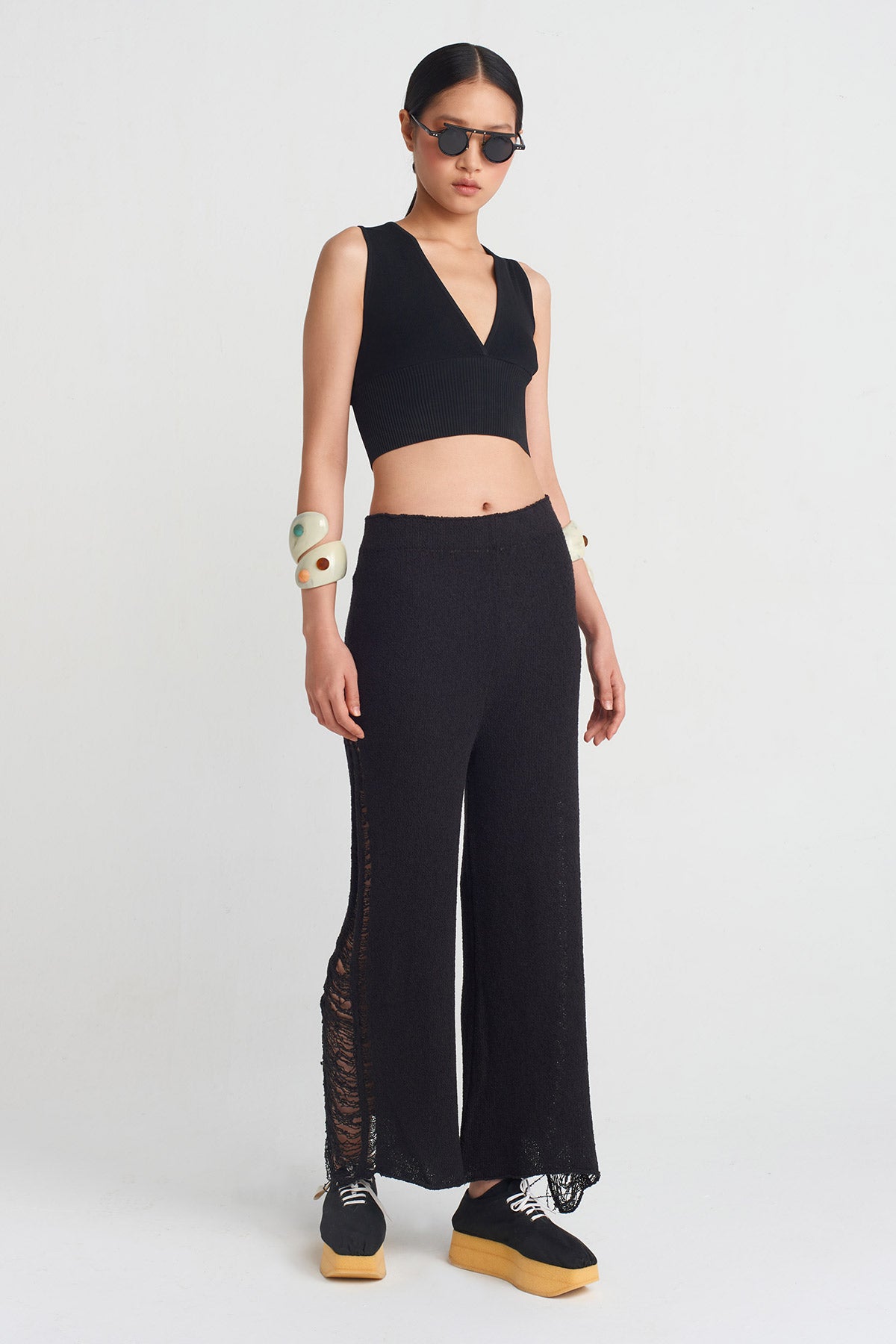 Black Distressed Knit Pants-Y253013014