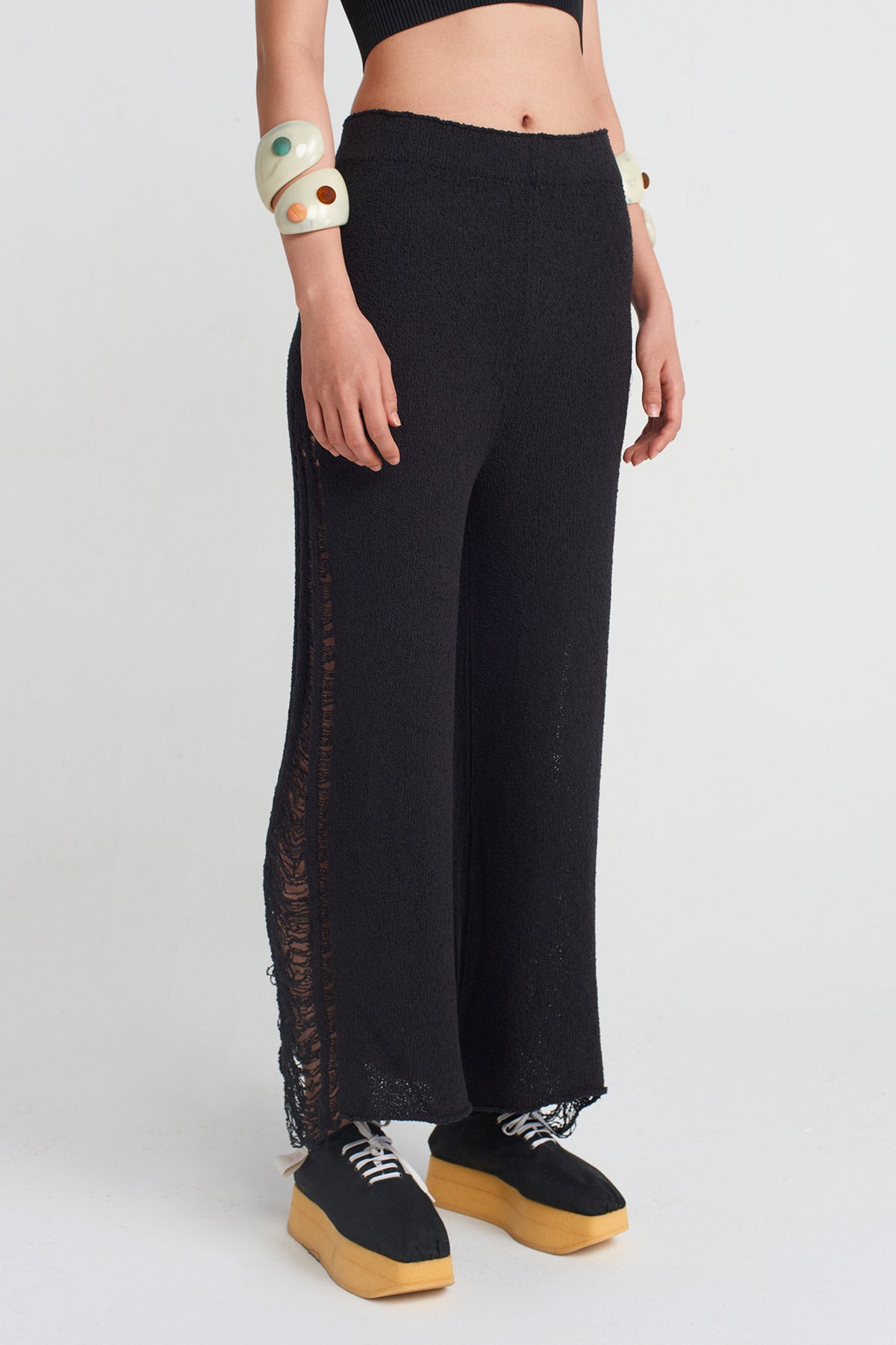 Black Distressed Knit Pants-Y253013014