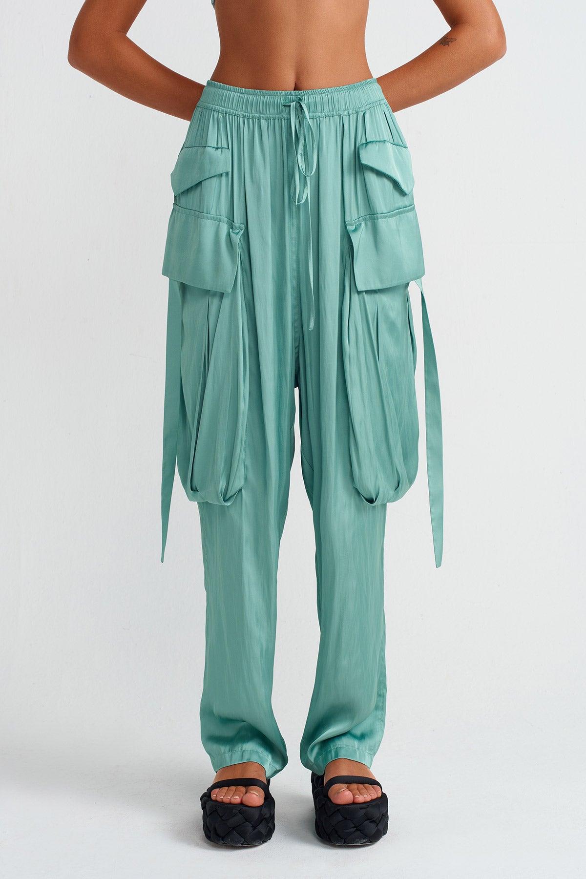 Turquoise Pocket Satin Trousers-Y253013015