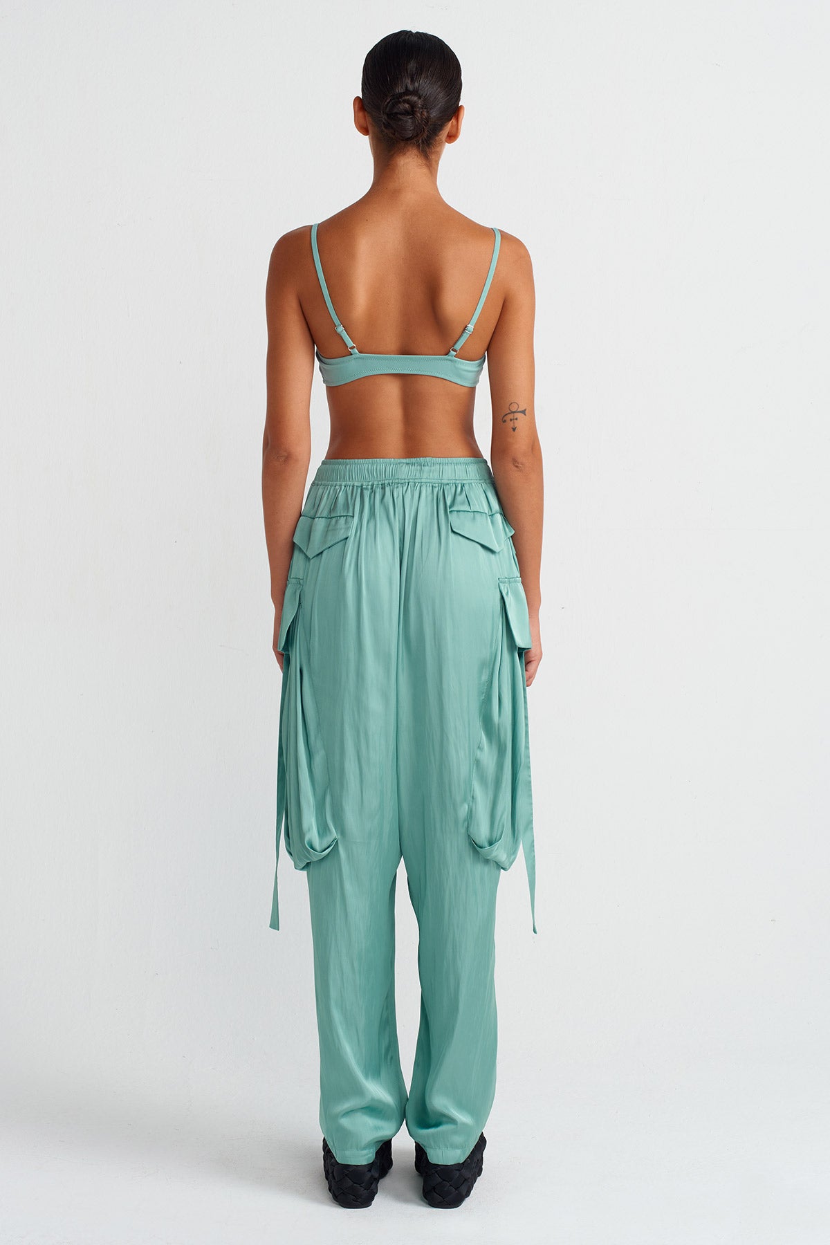 Turquoise Pocket Satin Trousers-Y253013015