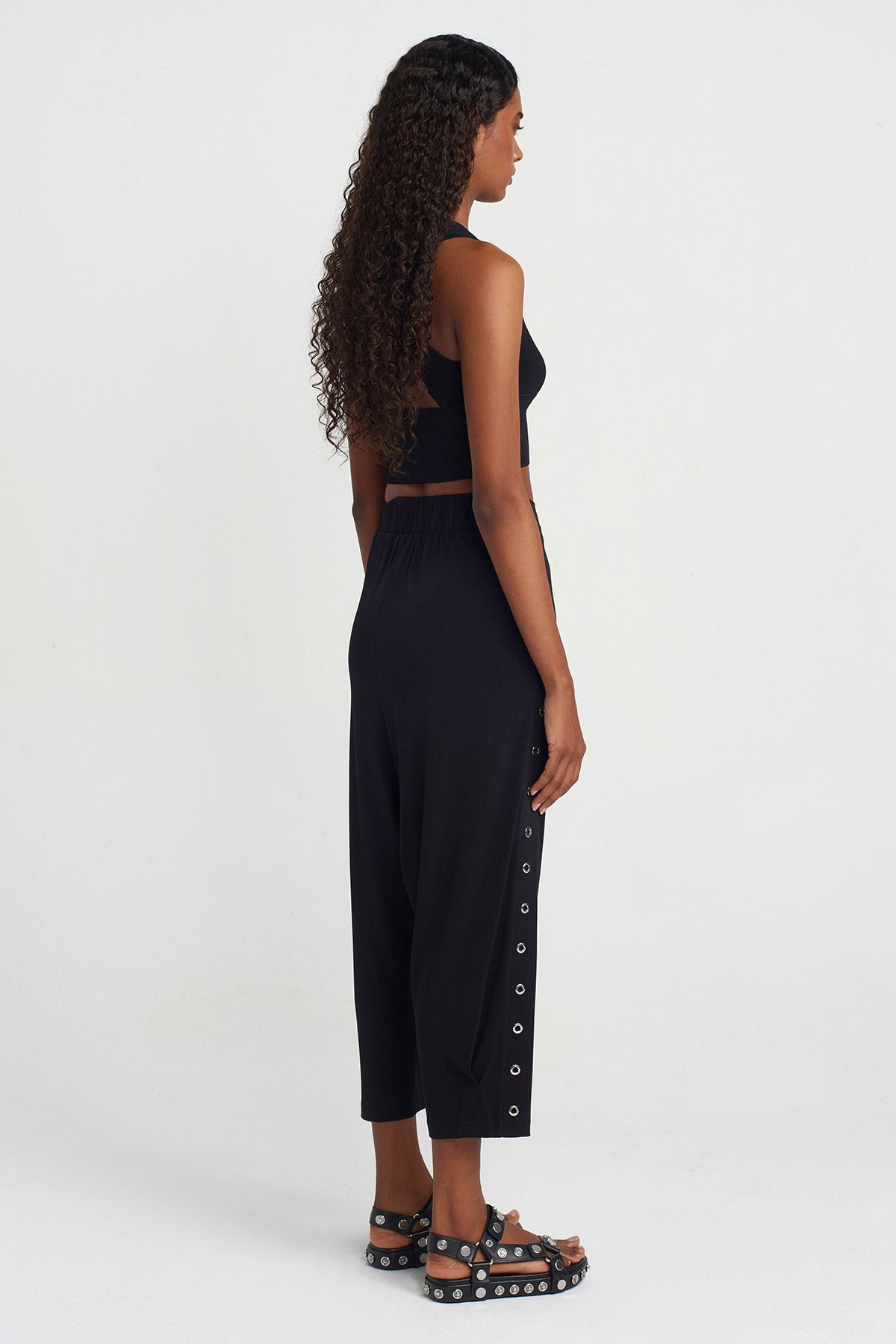 Black Eyelet Jersey Harem Pants-Y253013016