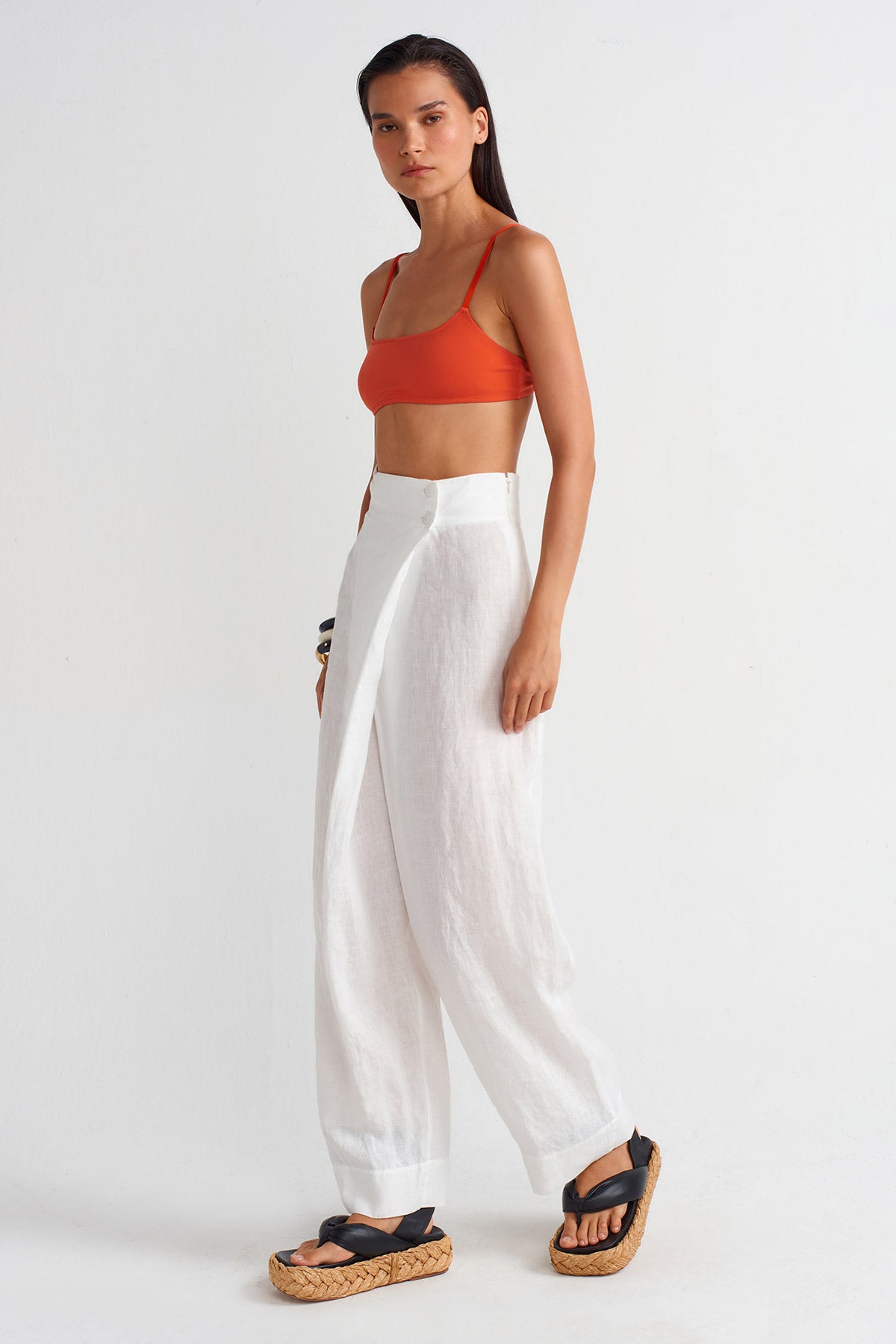 Off White Double-Breasted Linen Trousers-Y253013036