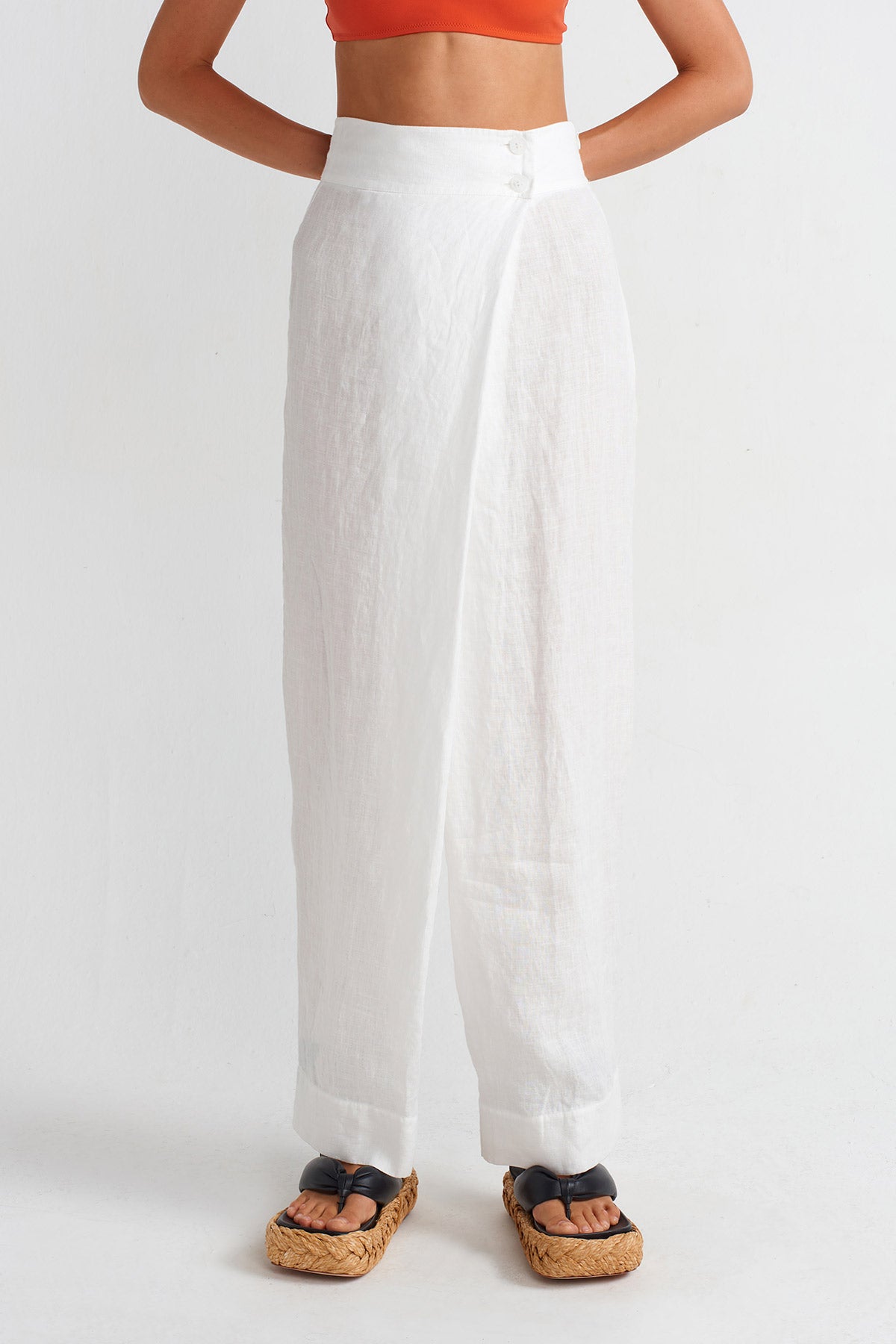 Off White Double-Breasted Linen Trousers-Y253013036