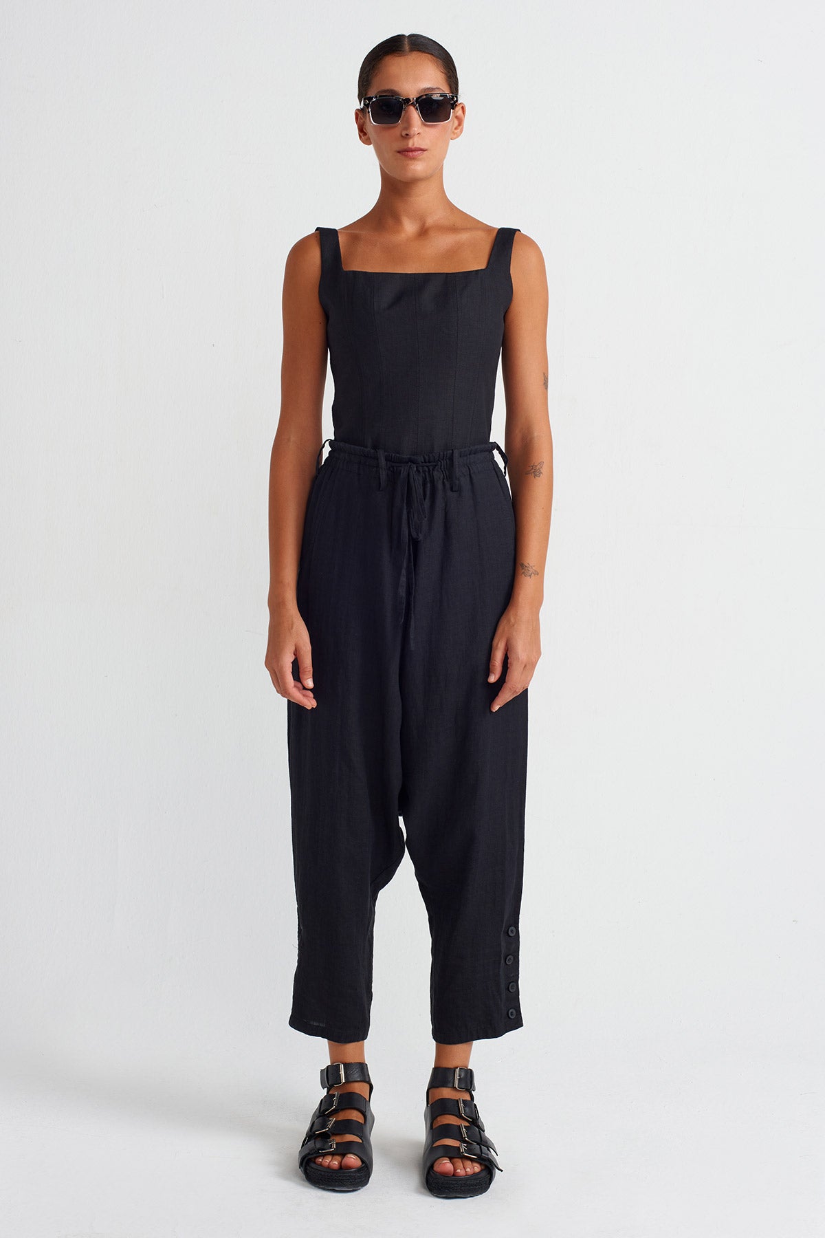 Black Linen Harem Pants-Y253013044