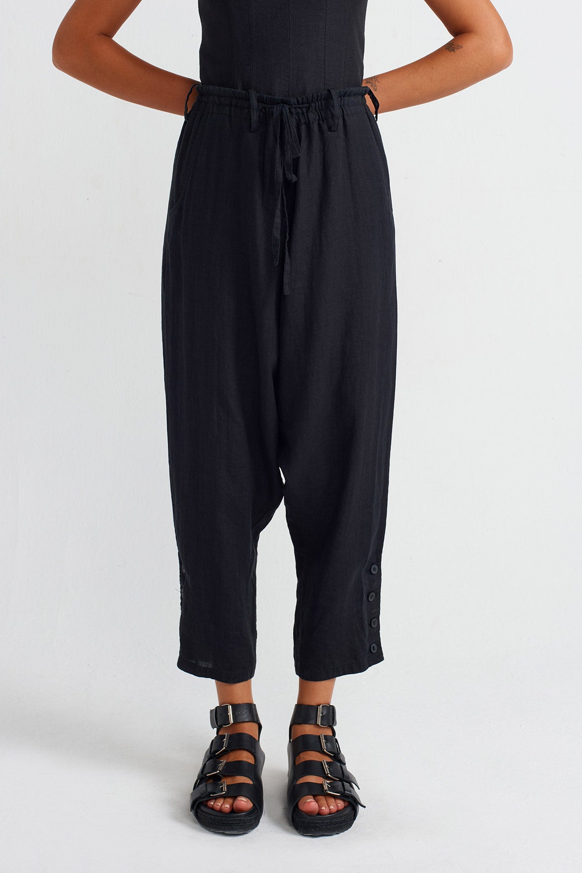 Black Linen Harem Pants-Y253013044