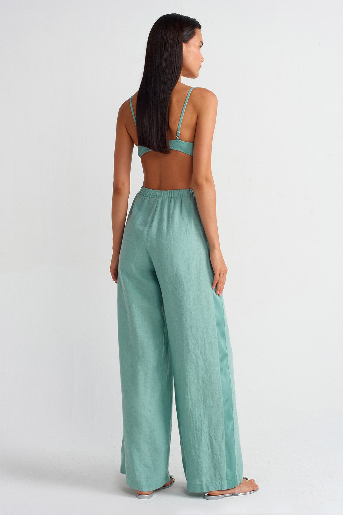 Turquoise Linen Satin Stripe Pants-Y253013050