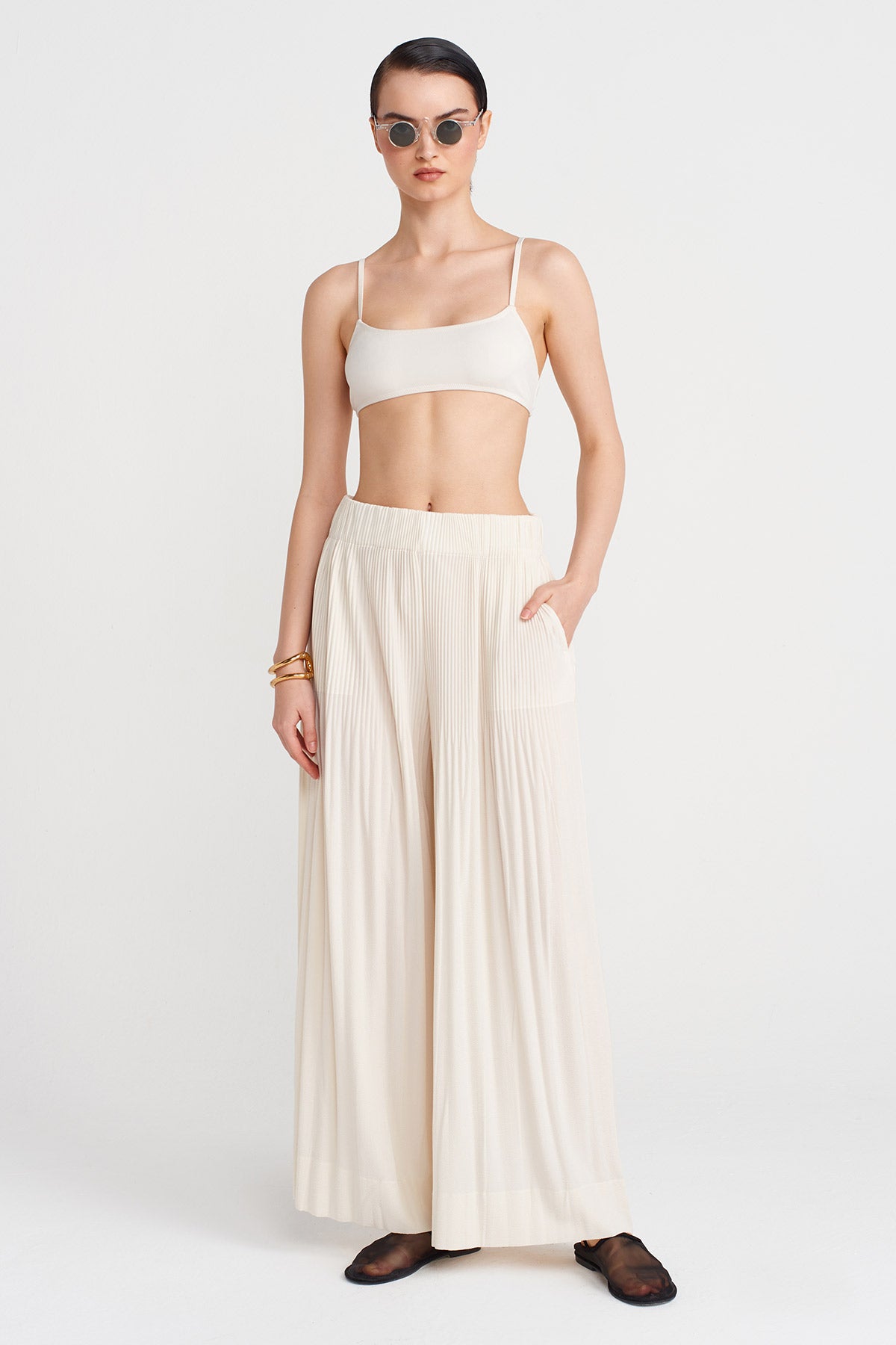Ecru Wide Pleated Trousers-Y253013096