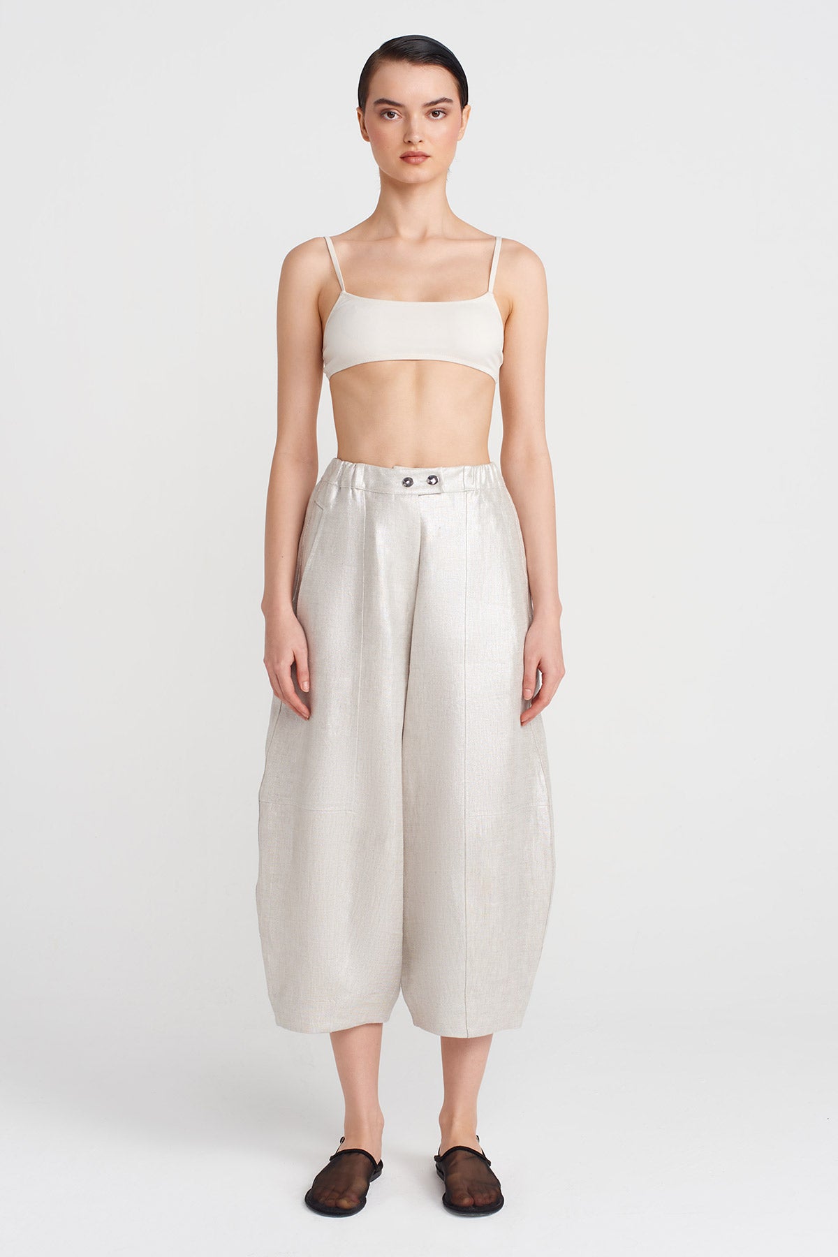 Silver Coated Fabric Wide-Leg Trousers-Y253013100