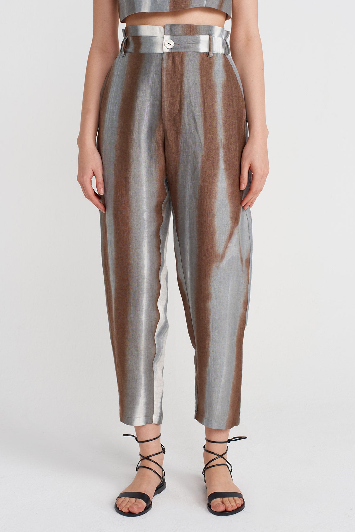 Brown / White Printed High-Waisted Pants-Y253013112