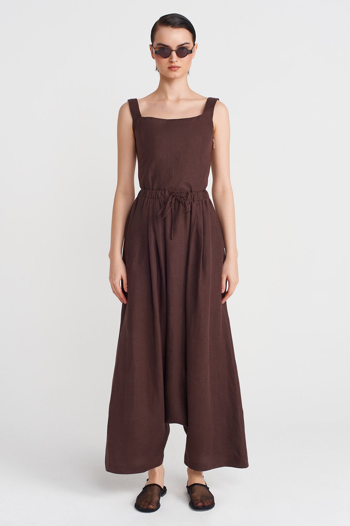 Chocolate Linen Harem Pants-Y253013113