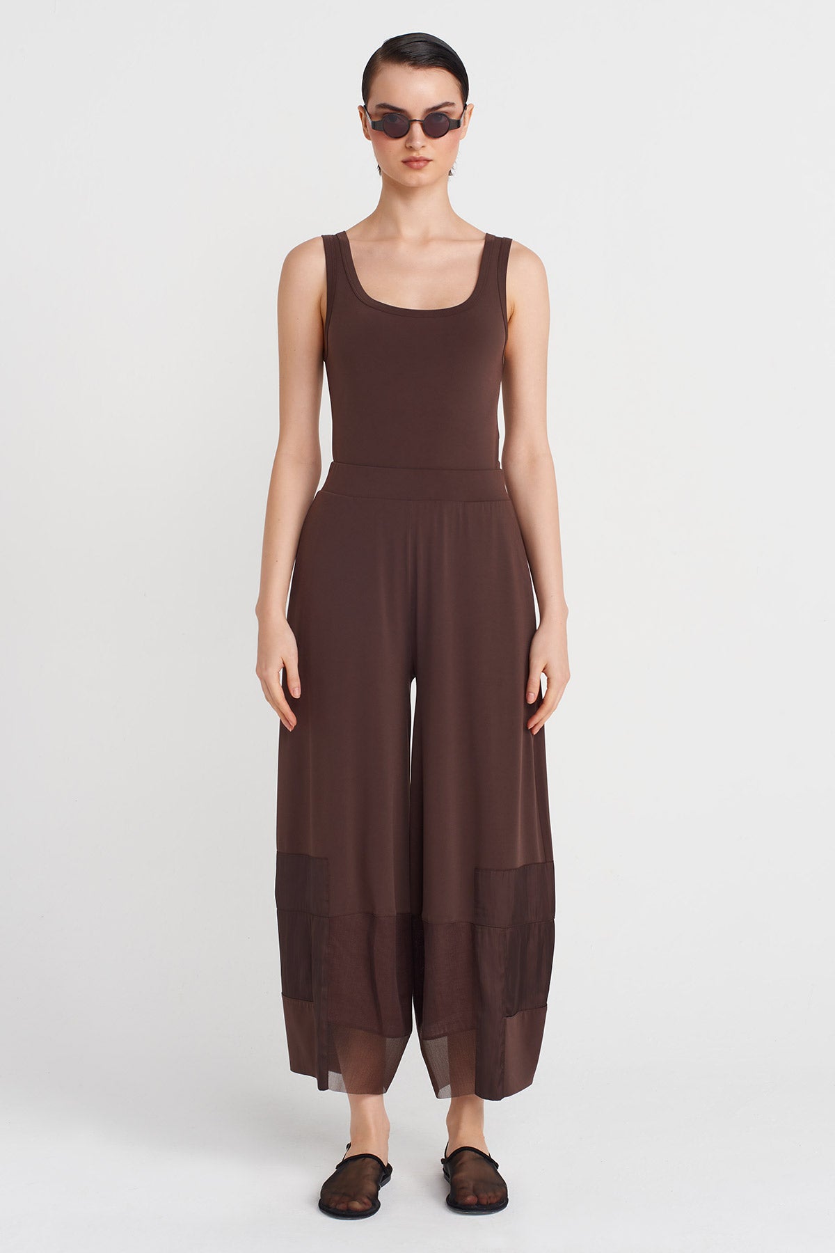 Chocolate Jersey Pants with Organza and Taffeta Striped Details-Y253013114