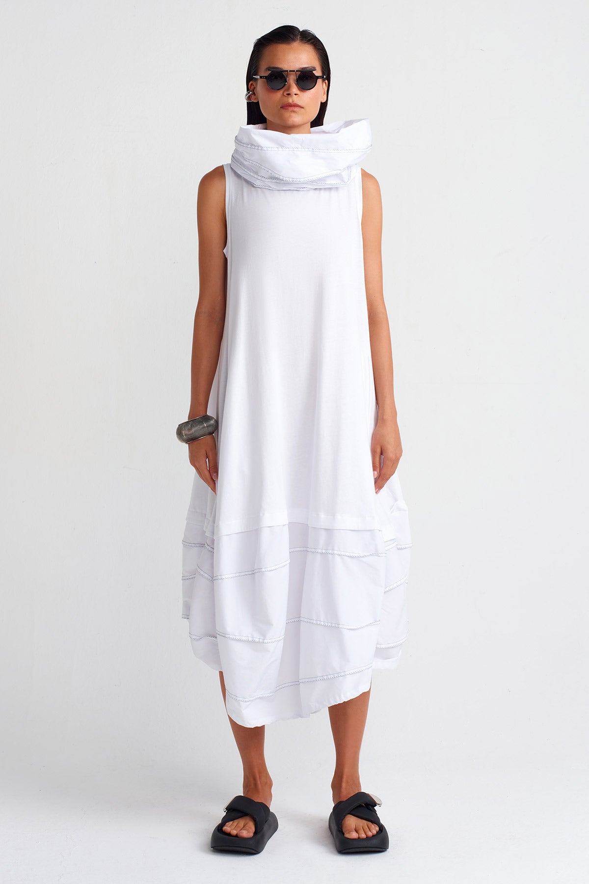 White / White Double-Fabric High Neck Dress-Y254014010