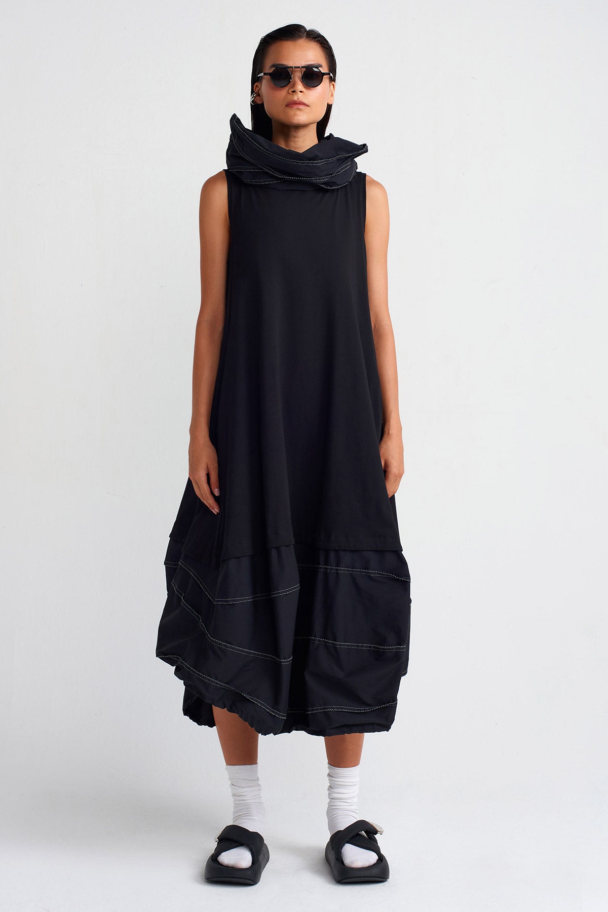 Black / Black Double-Fabric High Neck Dress-Y254014010