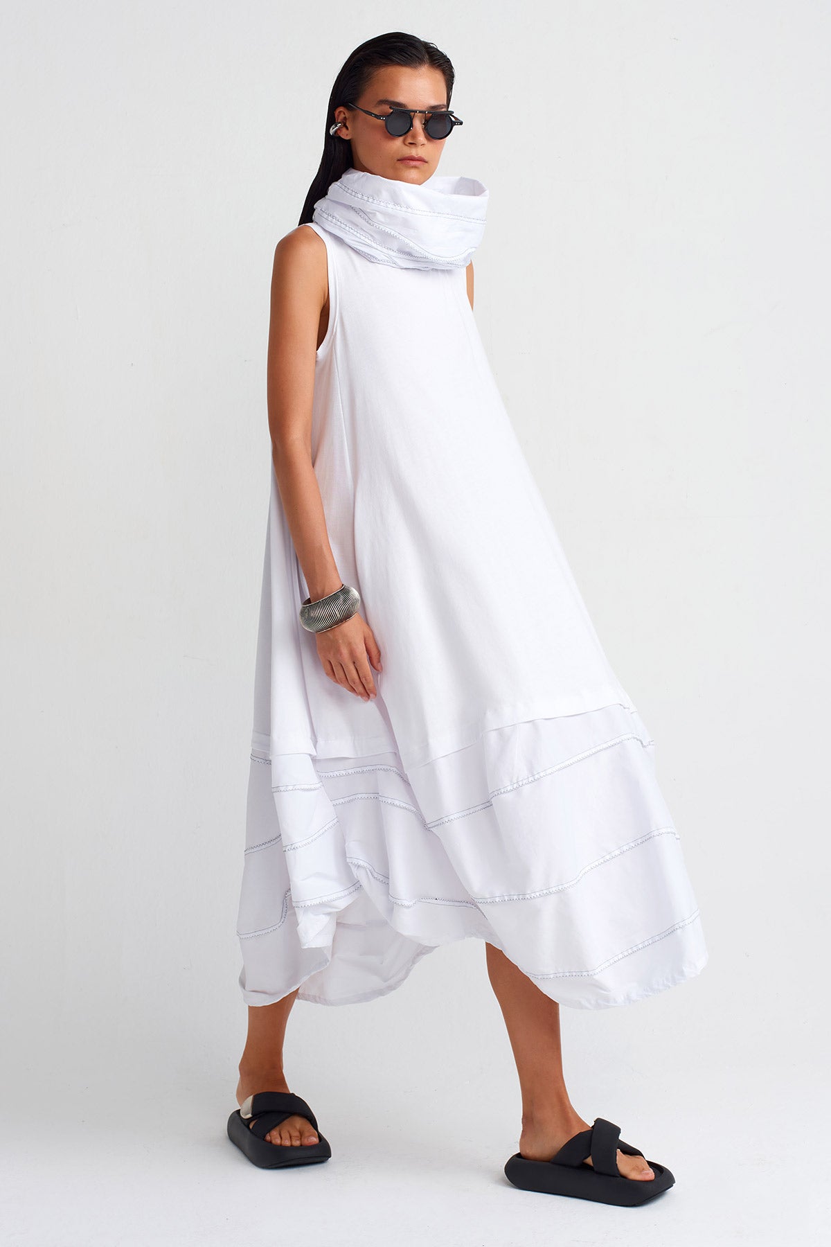 White / White Double-Fabric High Neck Dress-Y254014010