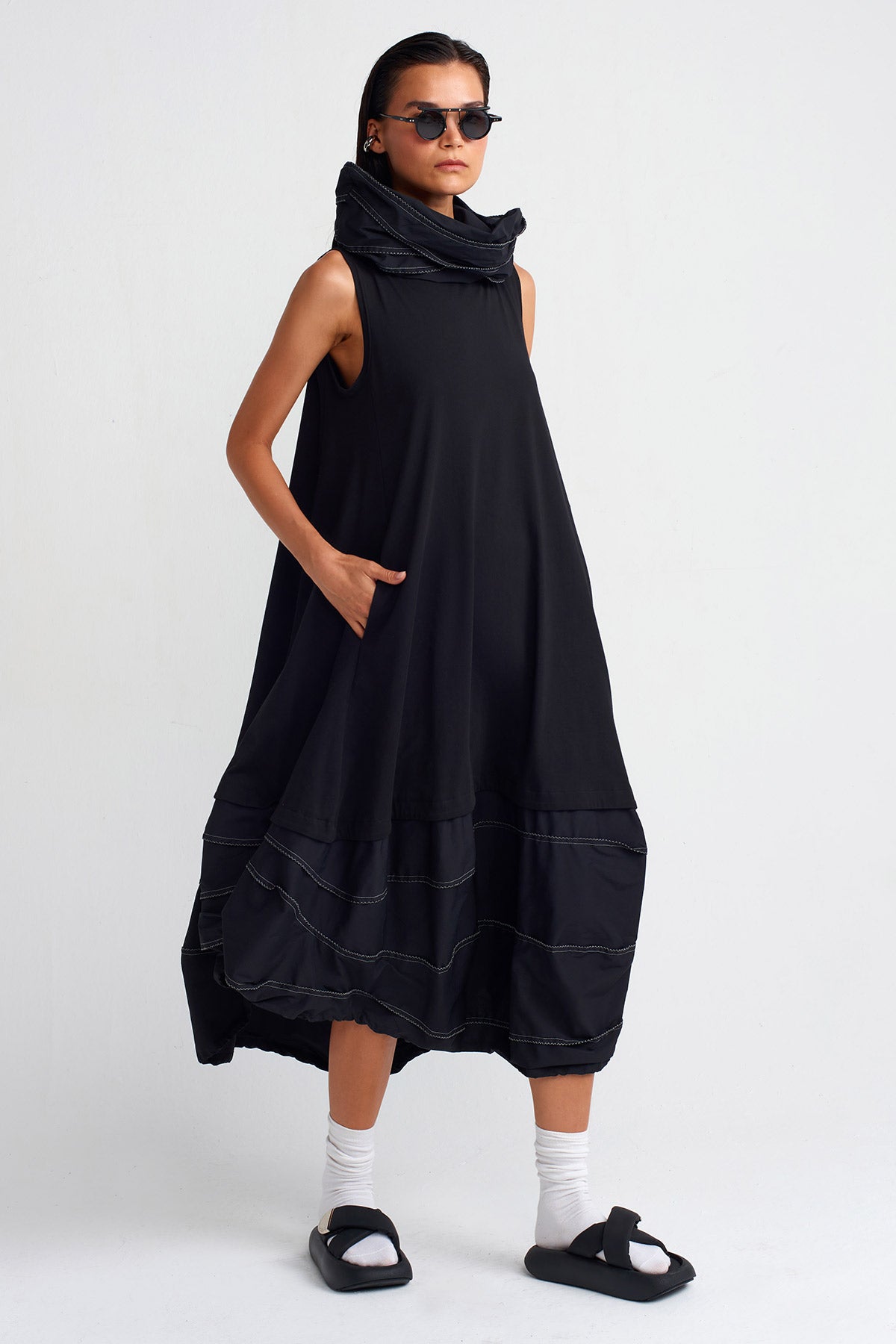 Black / Black Double-Fabric High Neck Dress-Y254014010