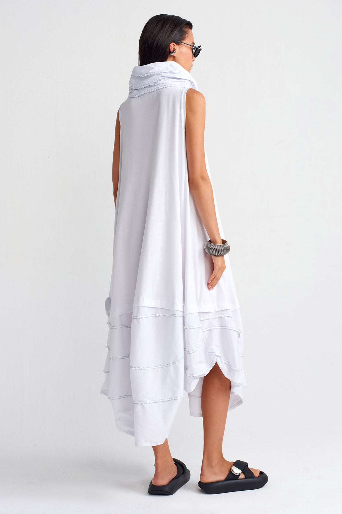 White / White Double-Fabric High Neck Dress-Y254014010