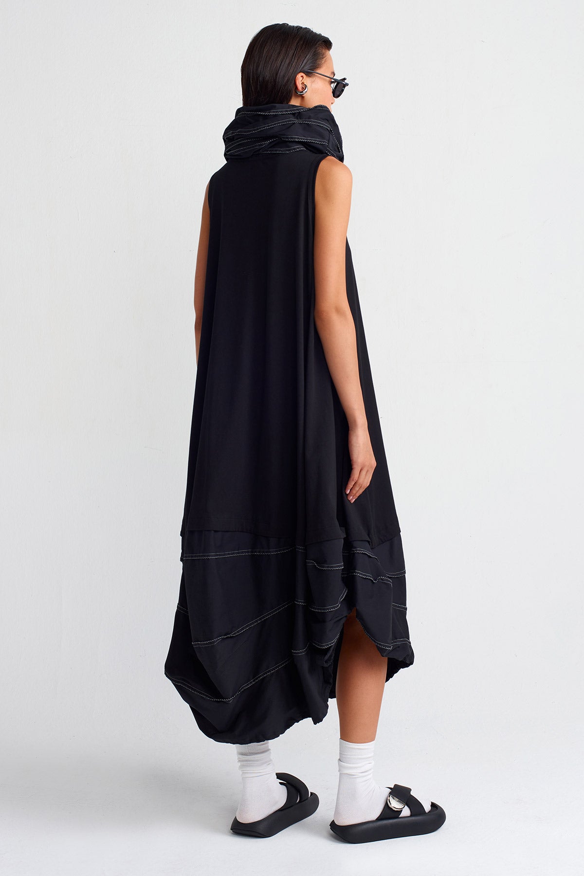 Black / Black Double-Fabric High Neck Dress-Y254014010
