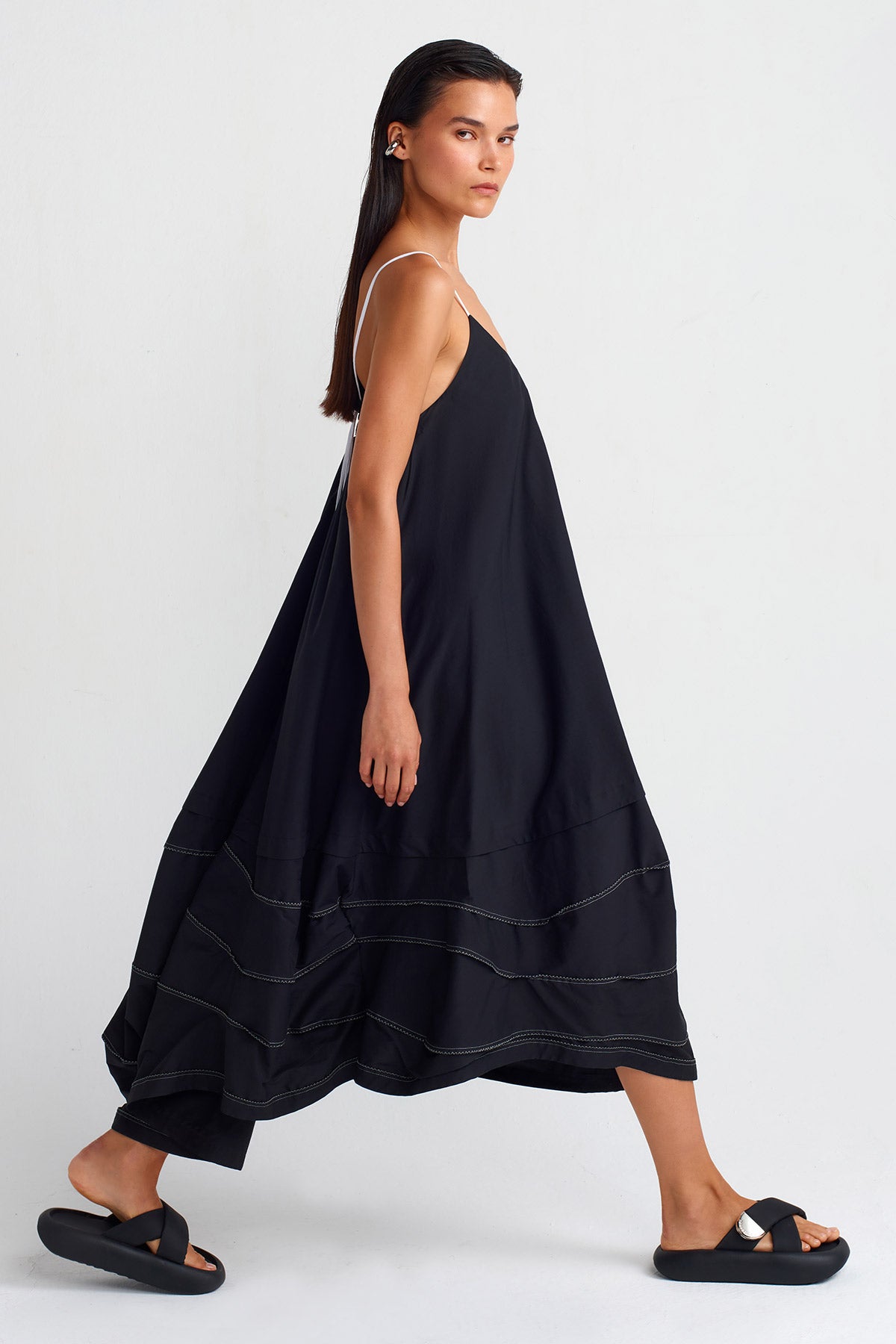 Black Double-Fabric Strap Dress-Y254014011