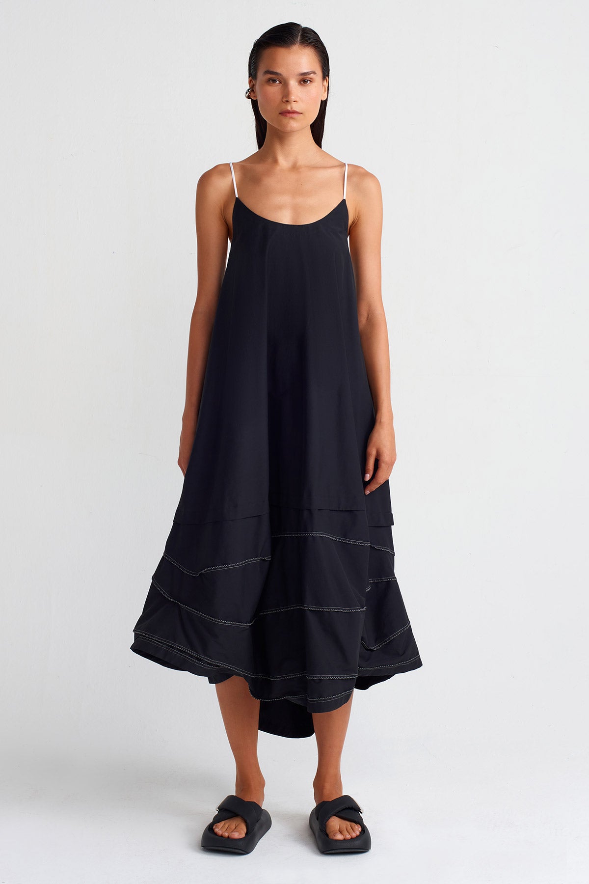 Black Double-Fabric Strap Dress-Y254014011