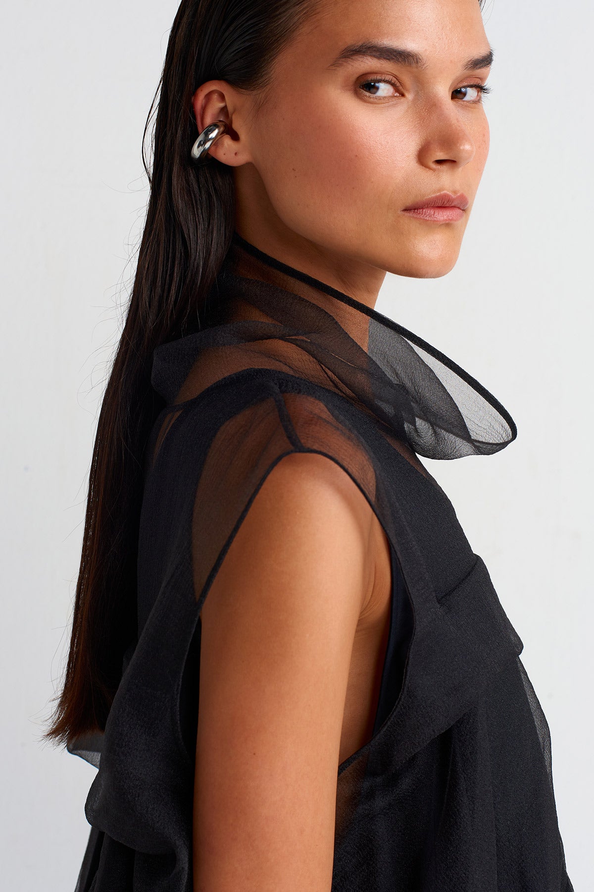 Black Pleated Organza Dress-Y254014012