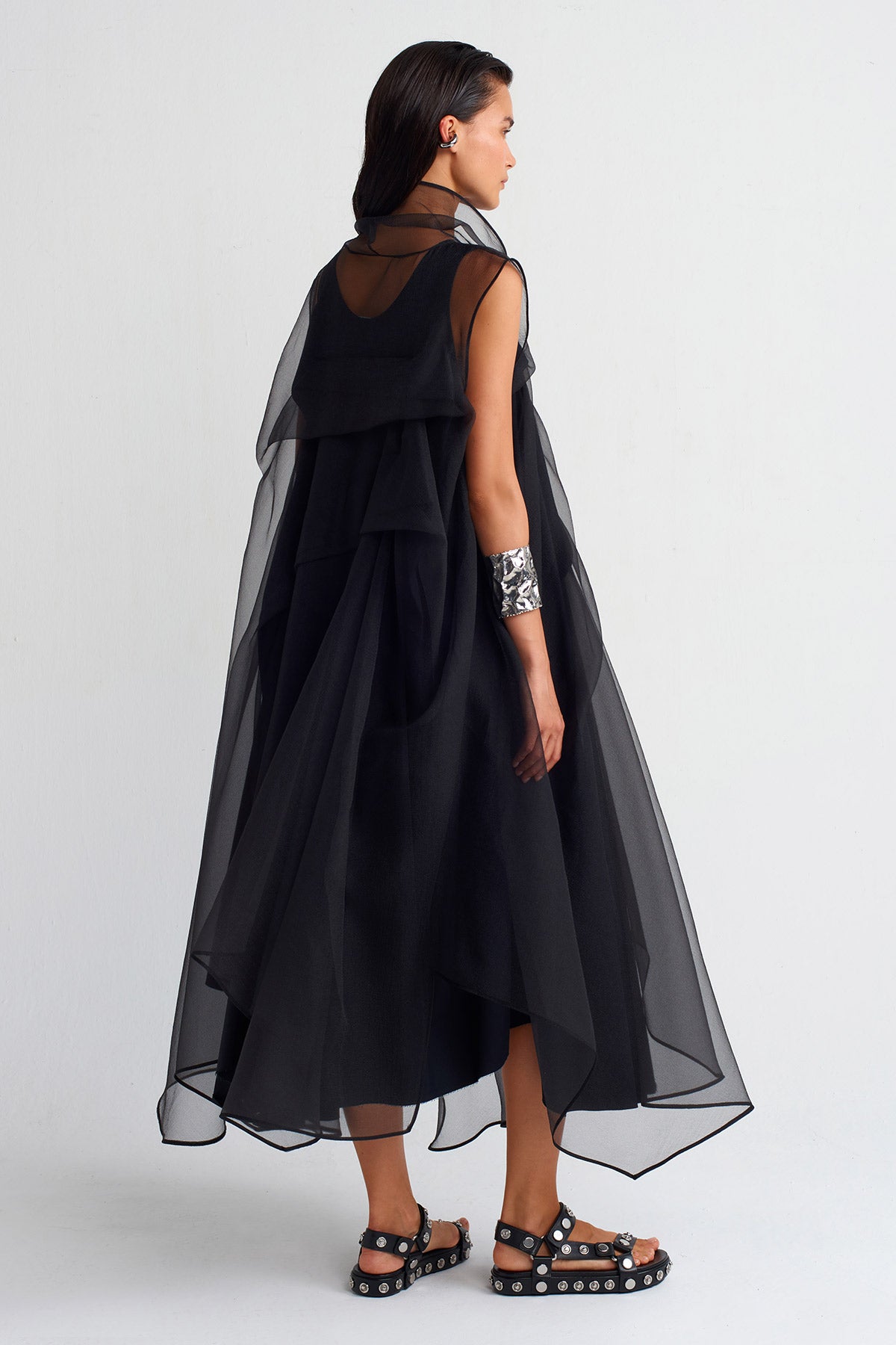Black Pleated Organza Dress-Y254014012