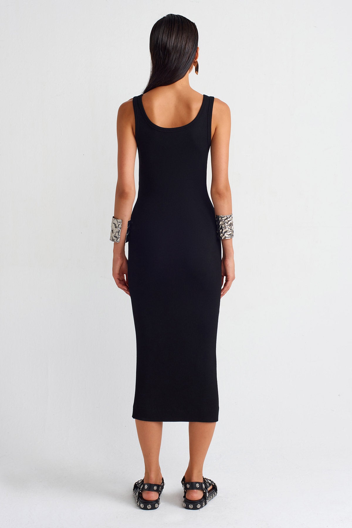 Black Ribbed Midi Dress-Y254014016