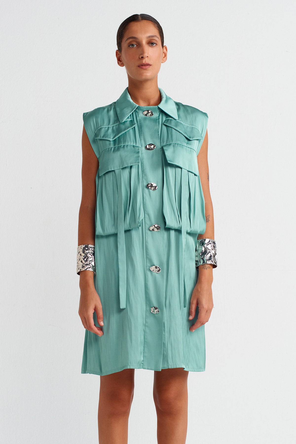 Turquoise Pocket Satin Shirt Dress-Y254014036