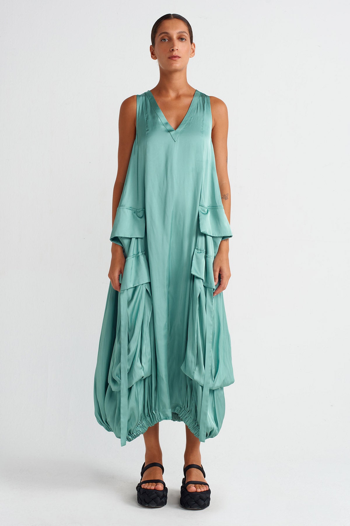 Turquoise Pocket V-neck Satin Dress-Y254014037