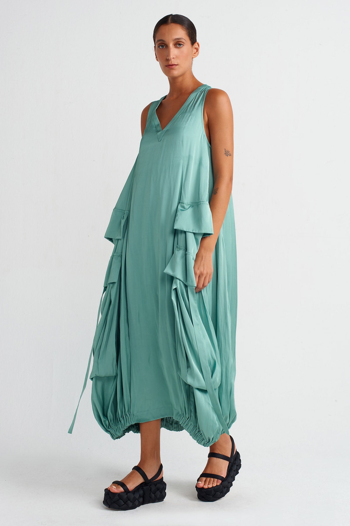 Turquoise Pocket V-neck Satin Dress-Y254014037