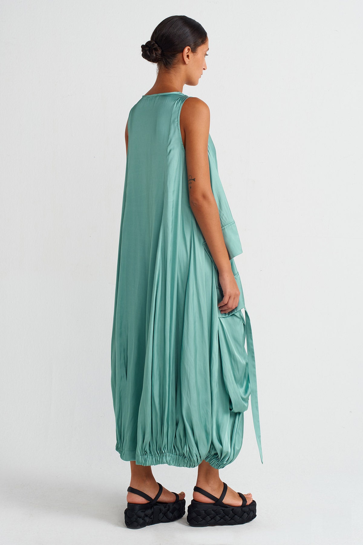 Turquoise Pocket V-neck Satin Dress-Y254014037