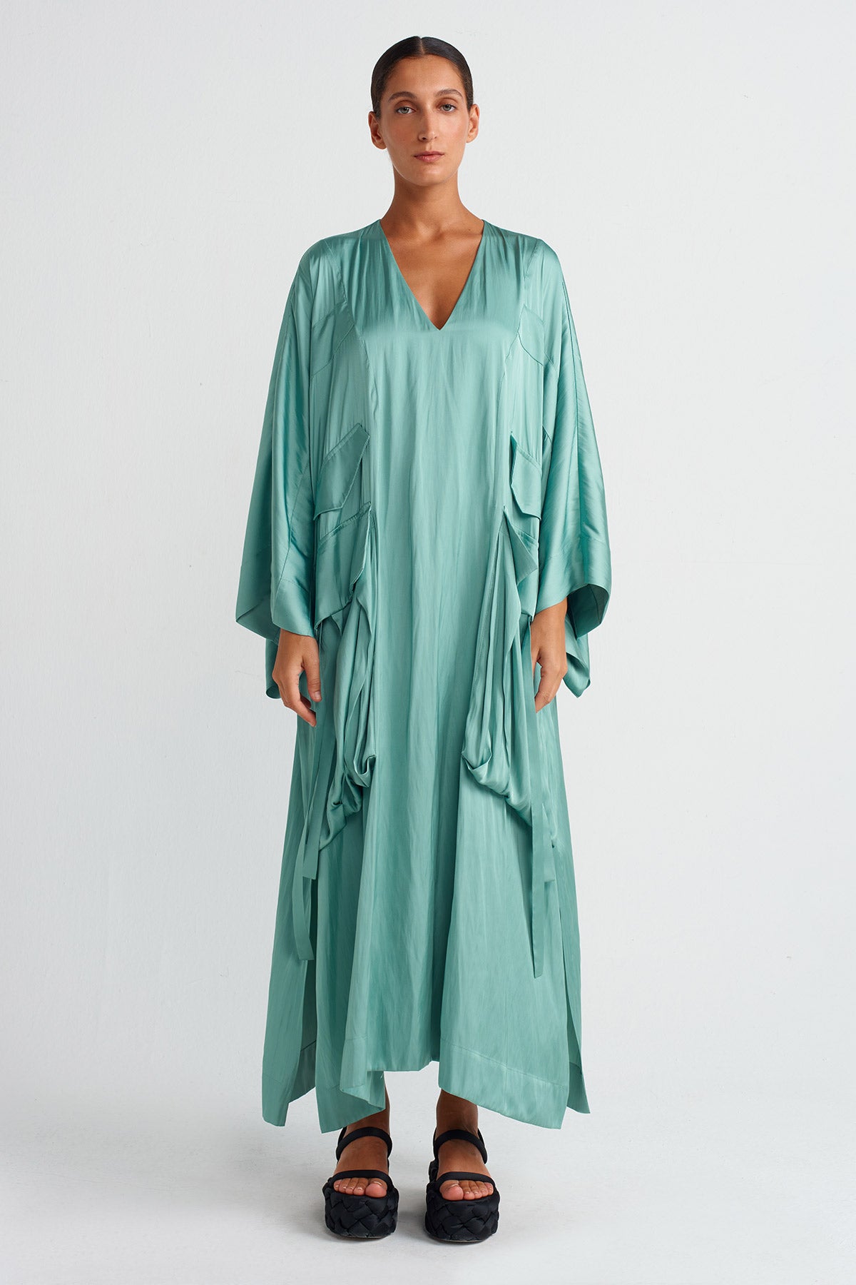 Turquoise Pocket Satin Kaftan Dress-Y254014038