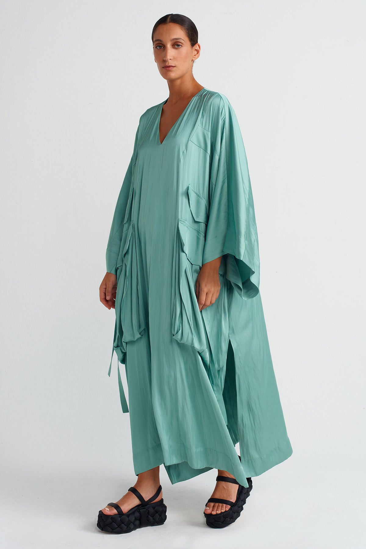 Turquoise Pocket Satin Kaftan Dress-Y254014038