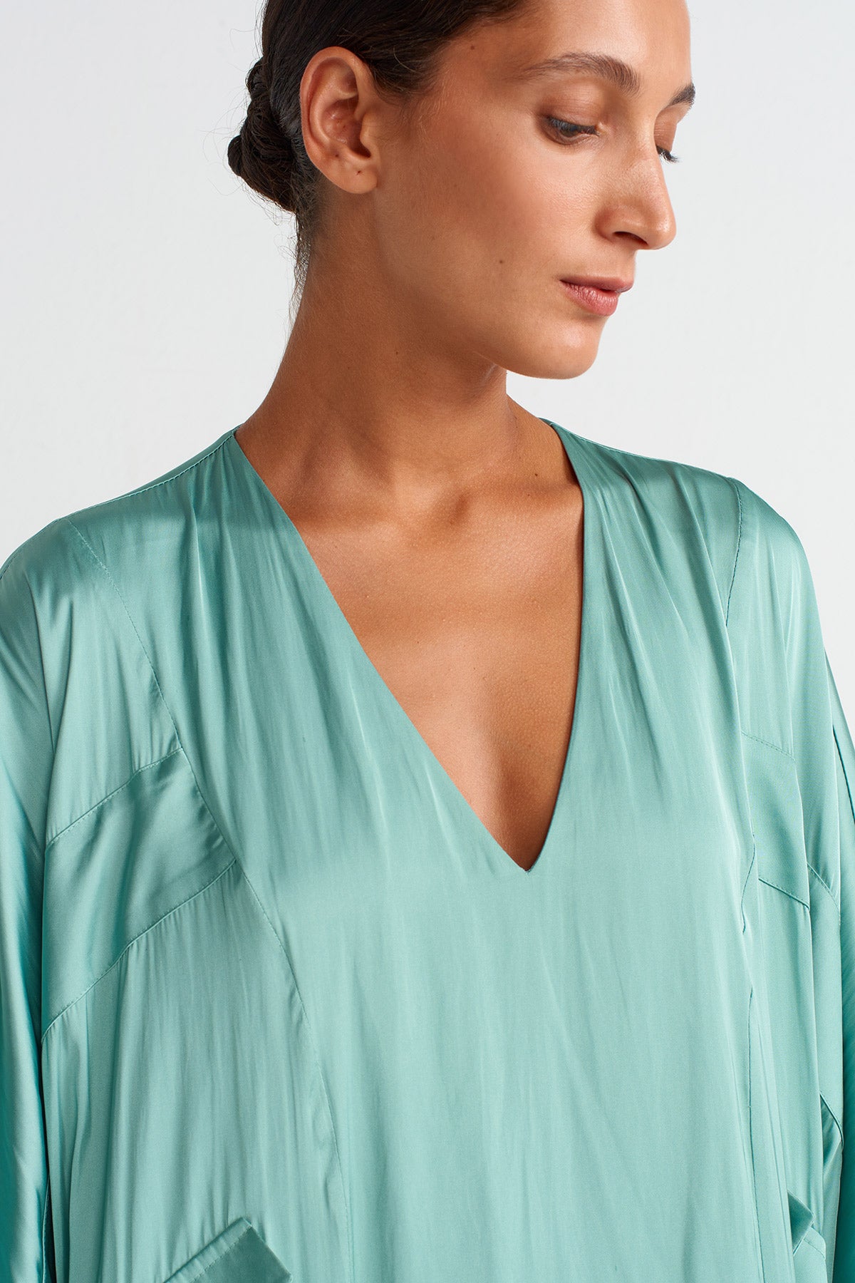Turquoise Pocket Satin Kaftan Dress-Y254014038