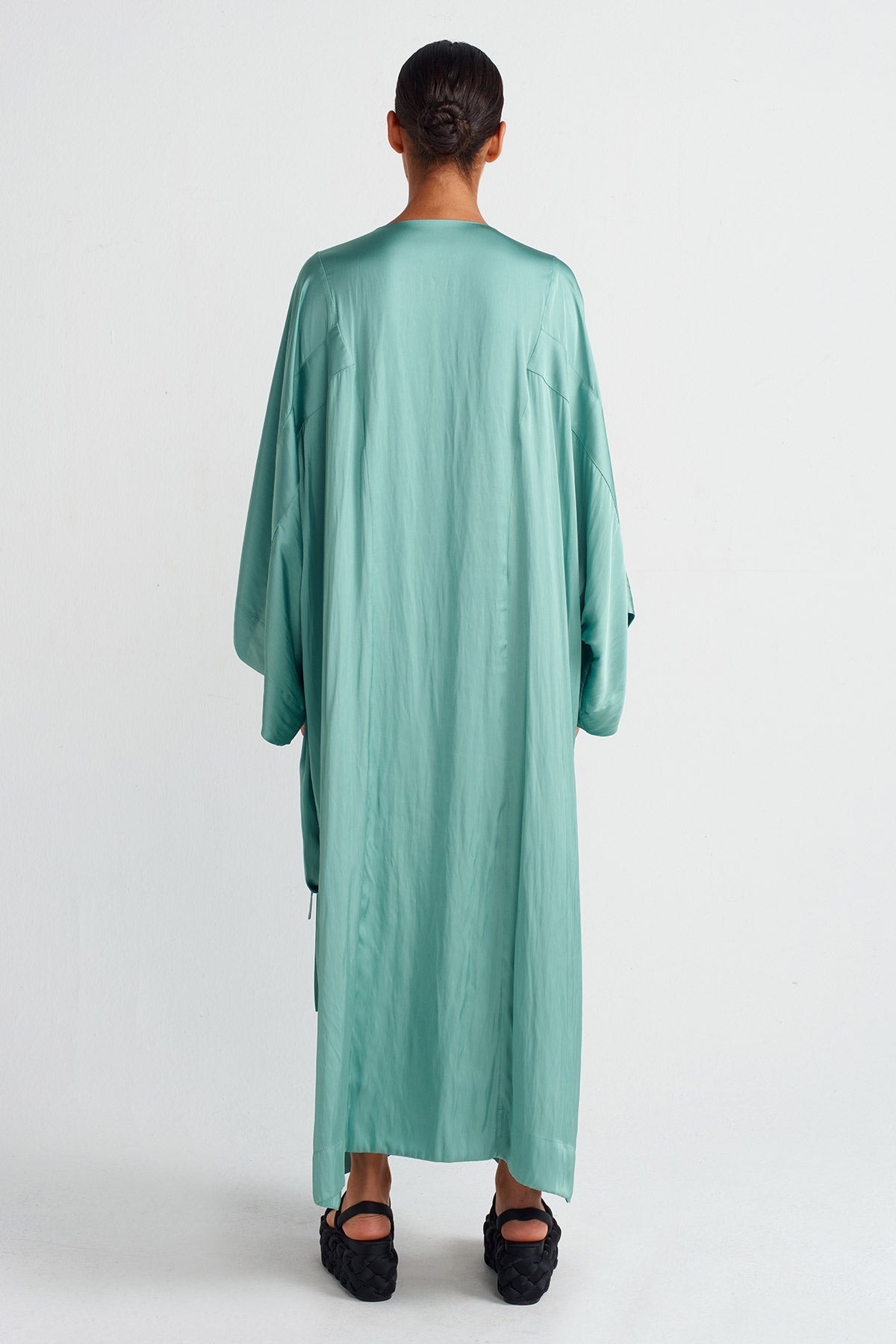 Turquoise Pocket Satin Kaftan Dress-Y254014038