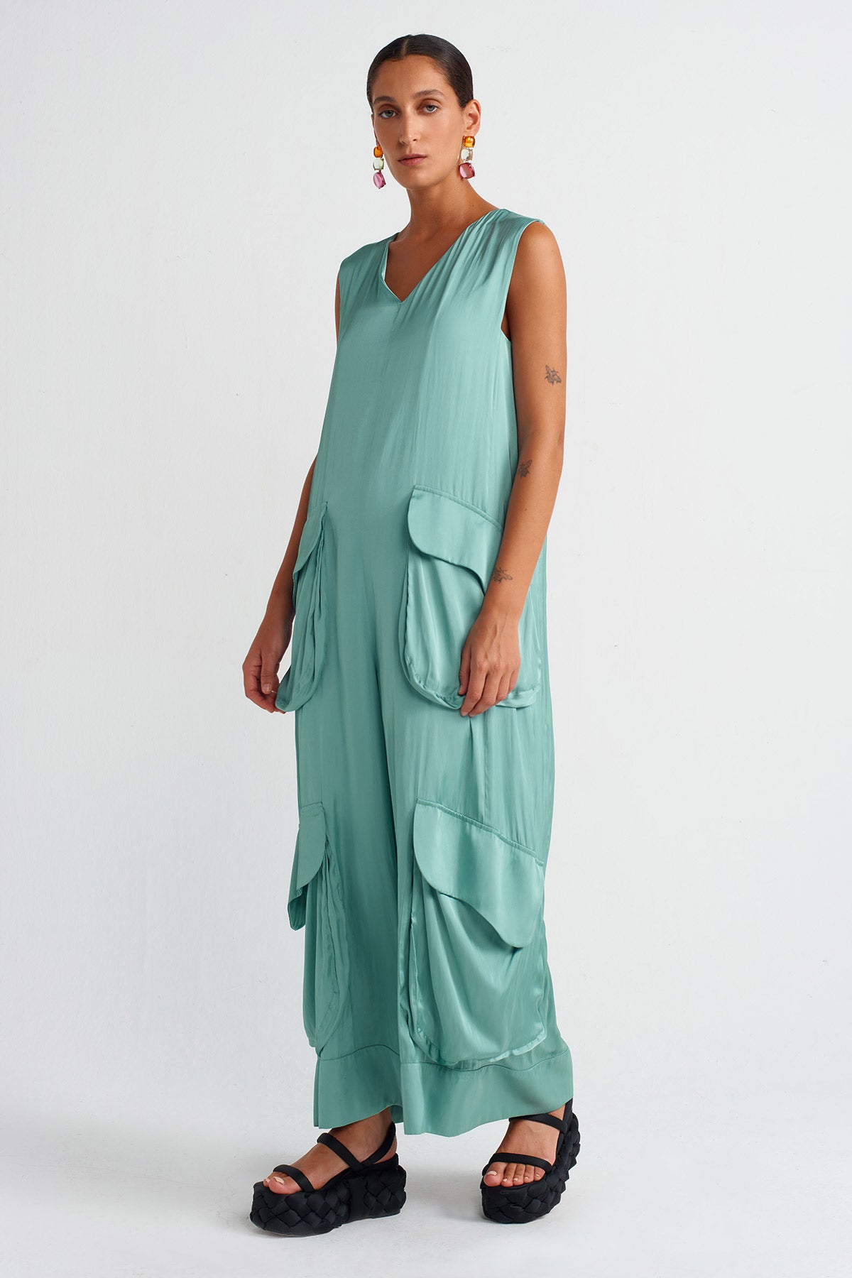 Turquoise Pocket Satin Jumpsuit-Y254014039