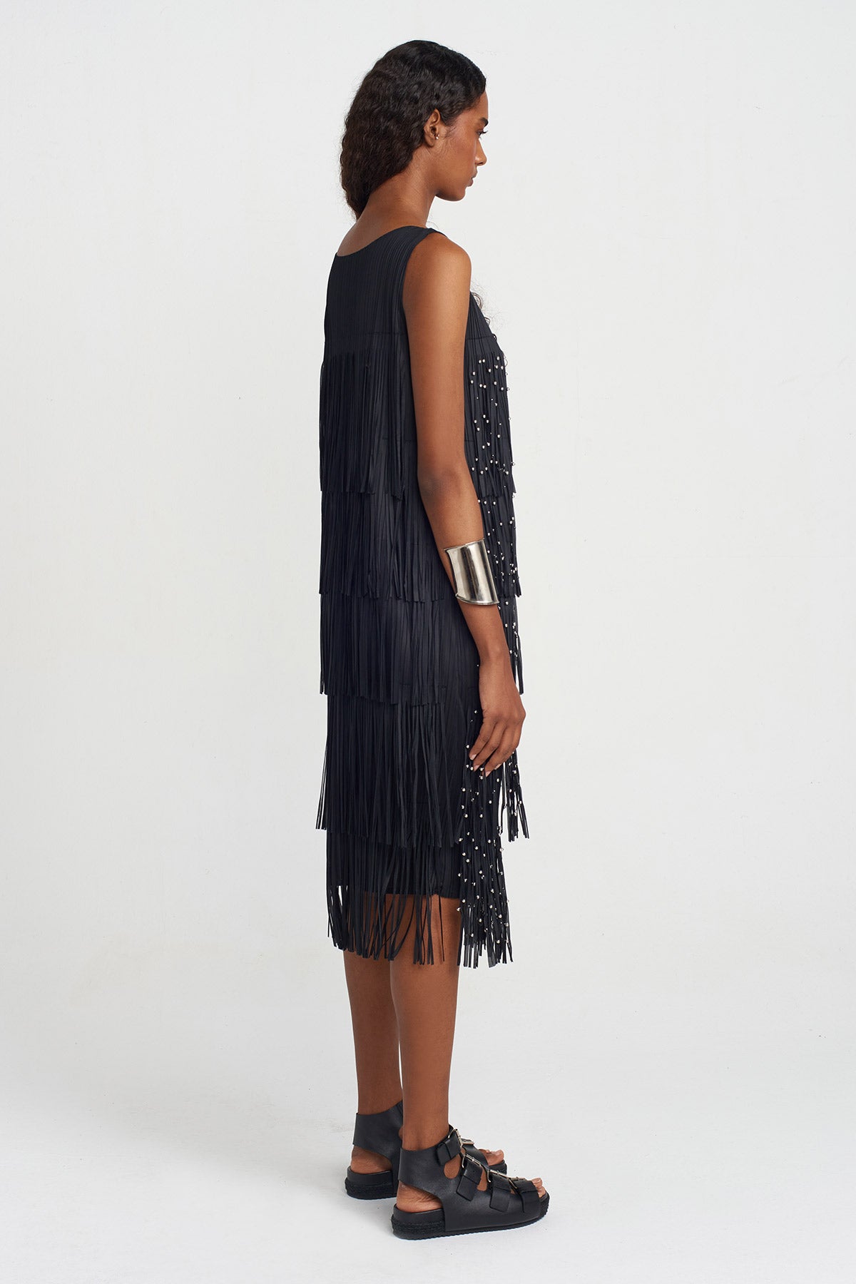 Black Fringed Pleated Dress-Y254014042