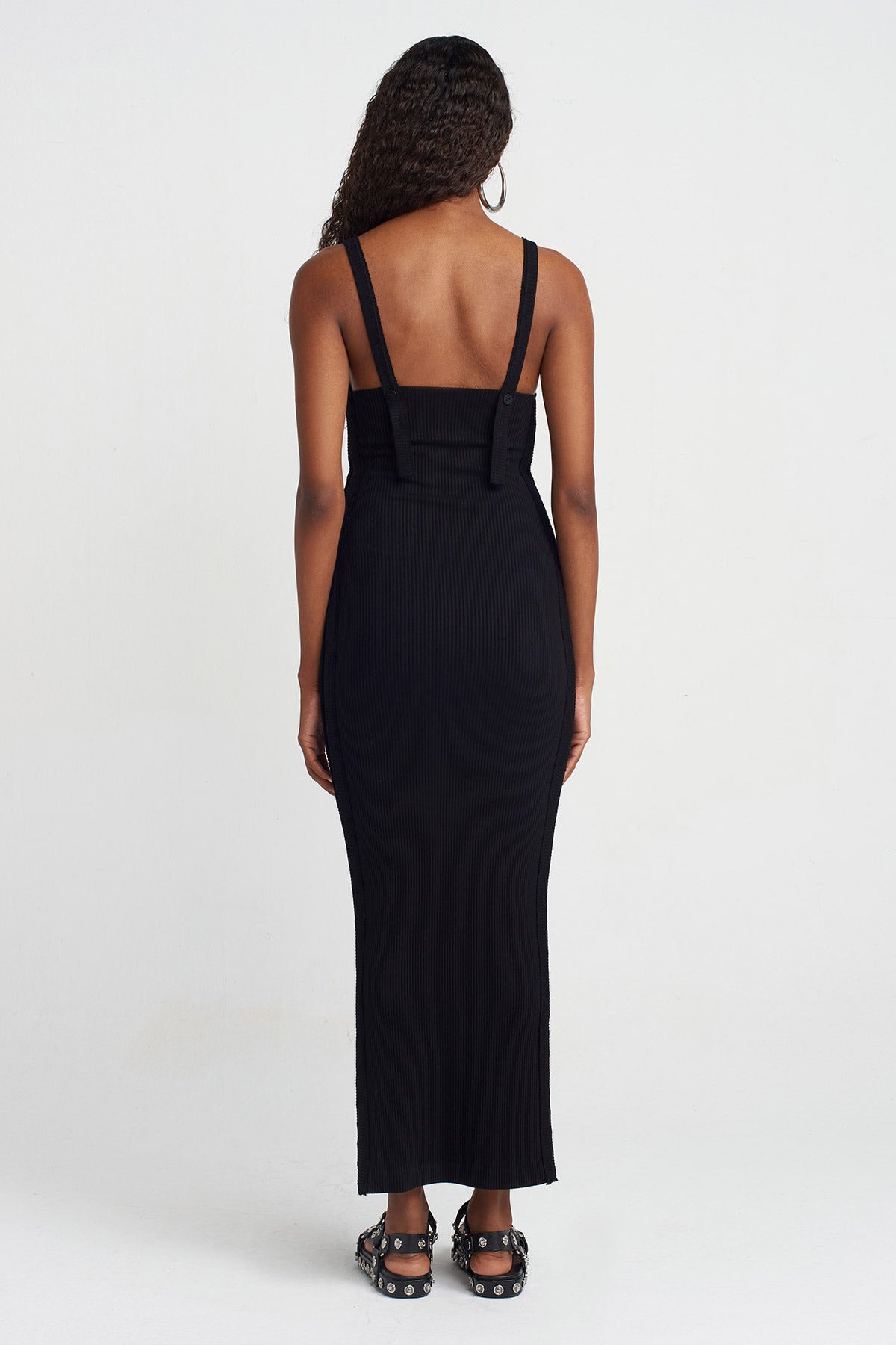 Black Side Hook Detail Ribbed Dress-Y254014048