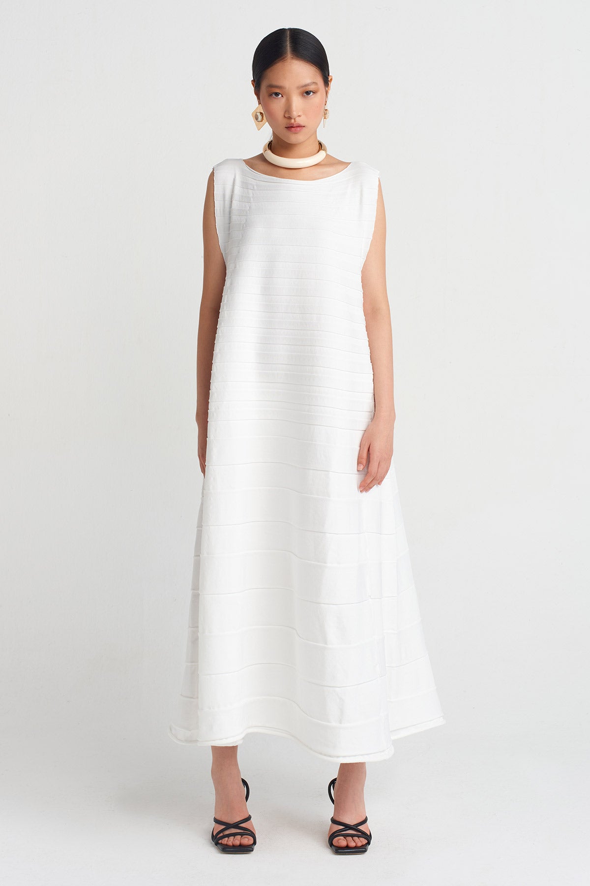 Off White Accordion Knit Dress-Y254014055