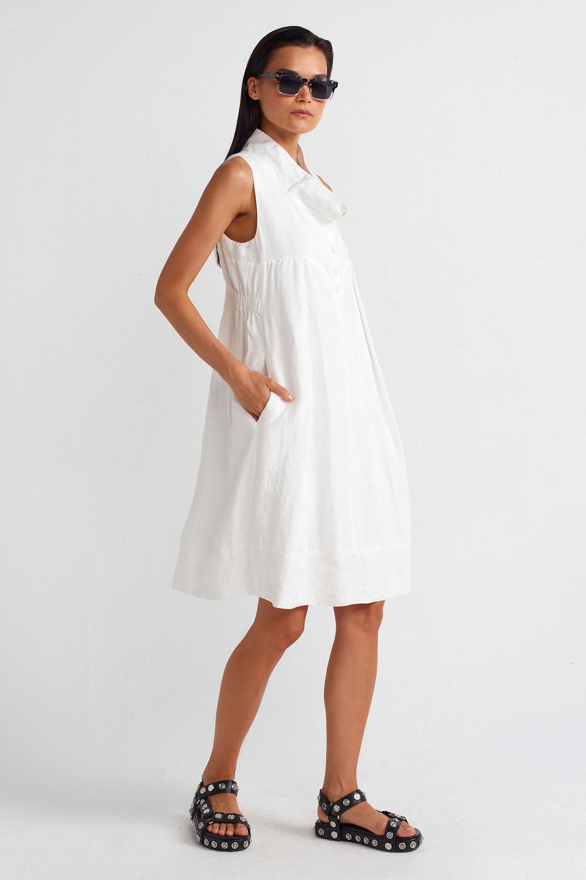 Off White High Neck Buttoned Linen Dress-Y254014072