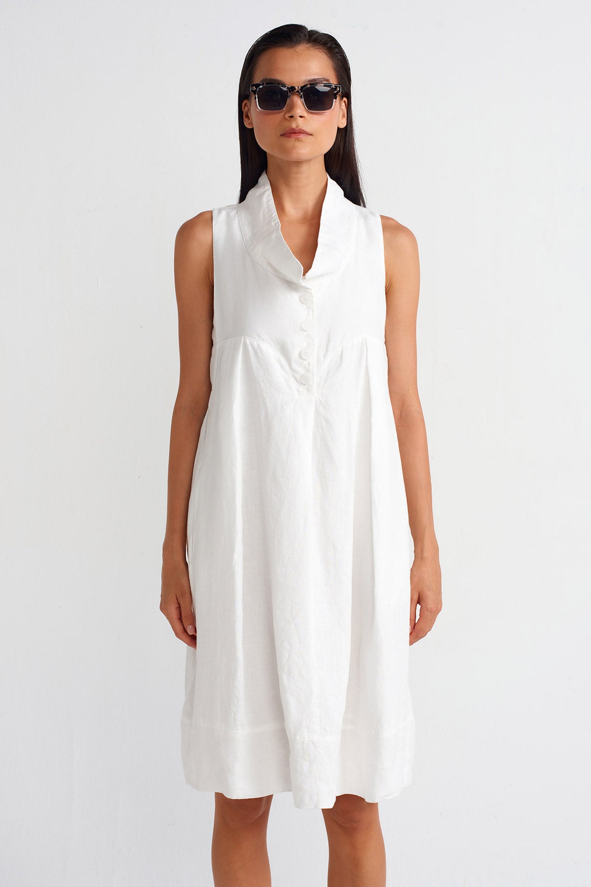 Off White High Neck Buttoned Linen Dress-Y254014072