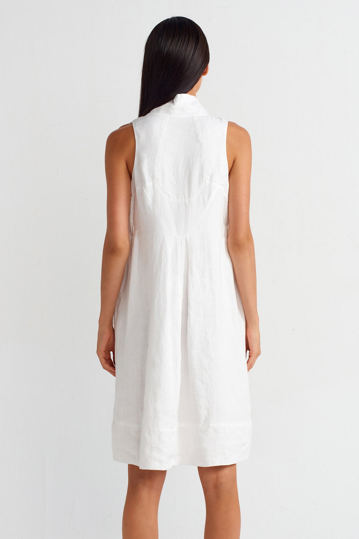 Off White High Neck Buttoned Linen Dress-Y254014072